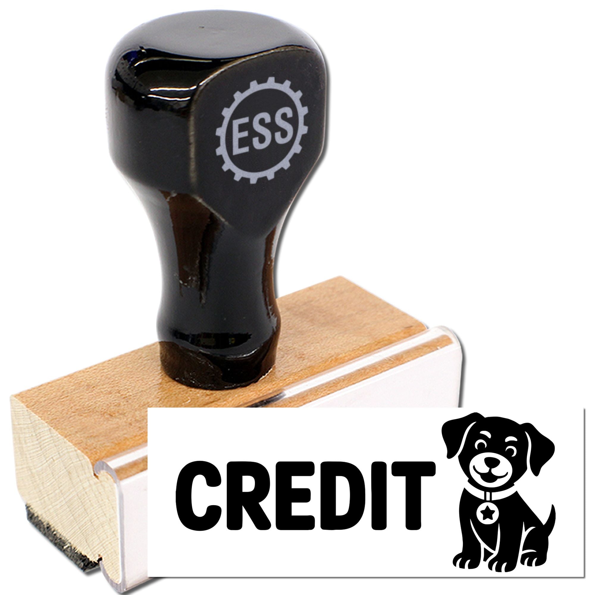 Black rubber stamp and seal set with ESS gear logo, wooden base, and white CREDIT label with dog icon.