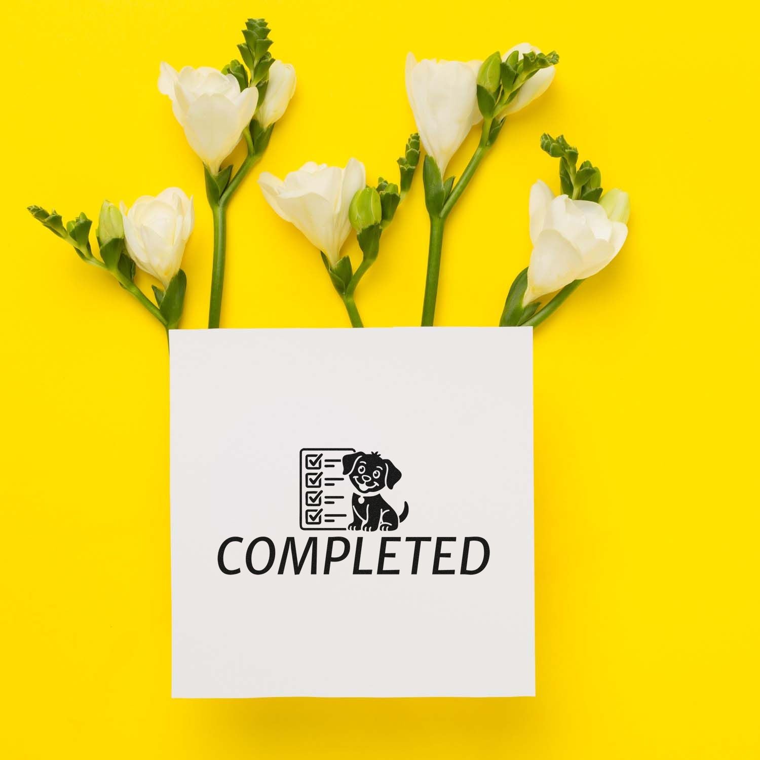 Black COMPLETED stamp and seal on white paper with dog checklist icon, framed by white flowers on a bright yellow background.