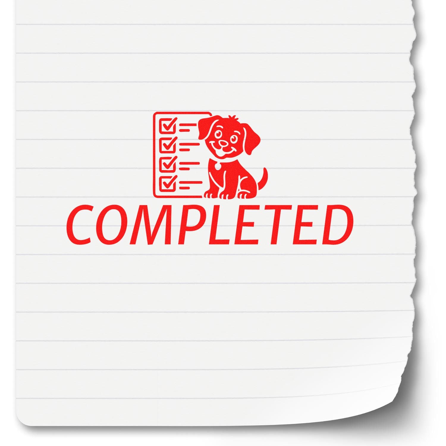 Red completed stamp seal with dog checklist icon on white lined paper background