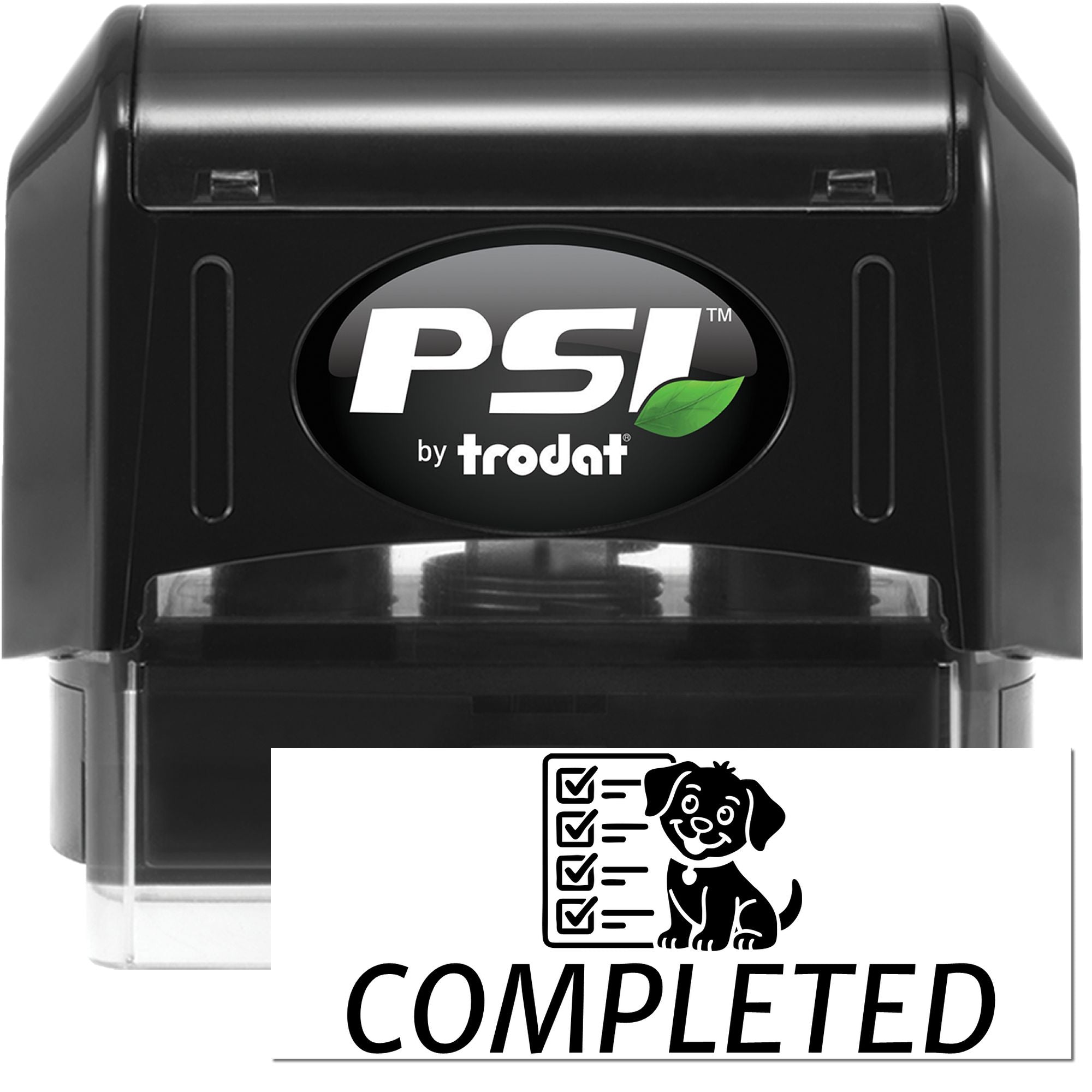 Black PSI by Trodat self-inking stamp and seal with green leaf logo, showing a completed dog checklist impression.