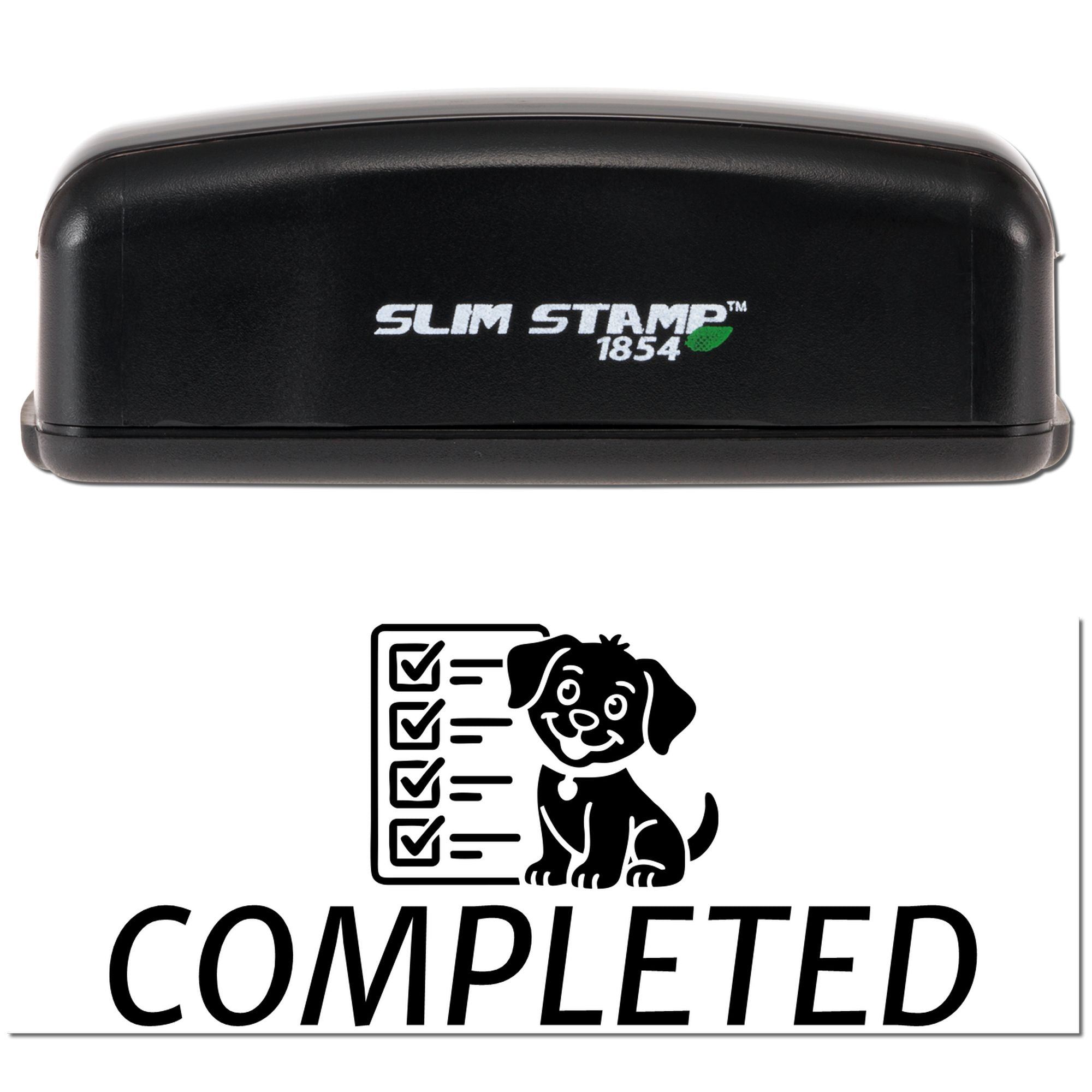 Black Slim Stamp 1854 stamp case with green logo above a dog checklist seal and bold COMPLETED text on white.