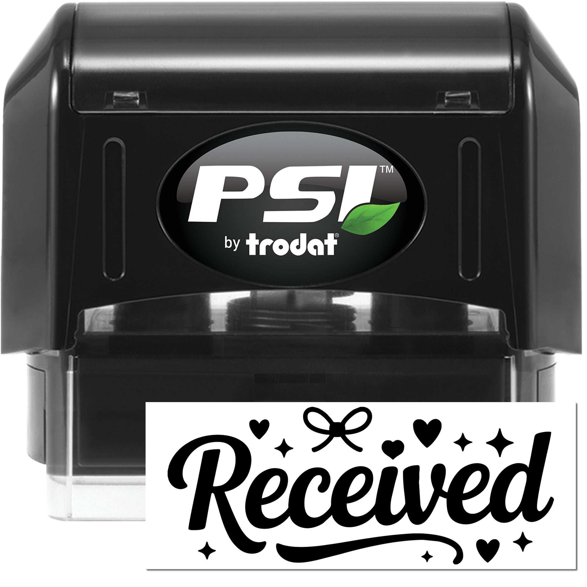 Black PSI by Trodat self-inking stamp and seal with clear base, showing a bold Received impression with hearts and sparkles.