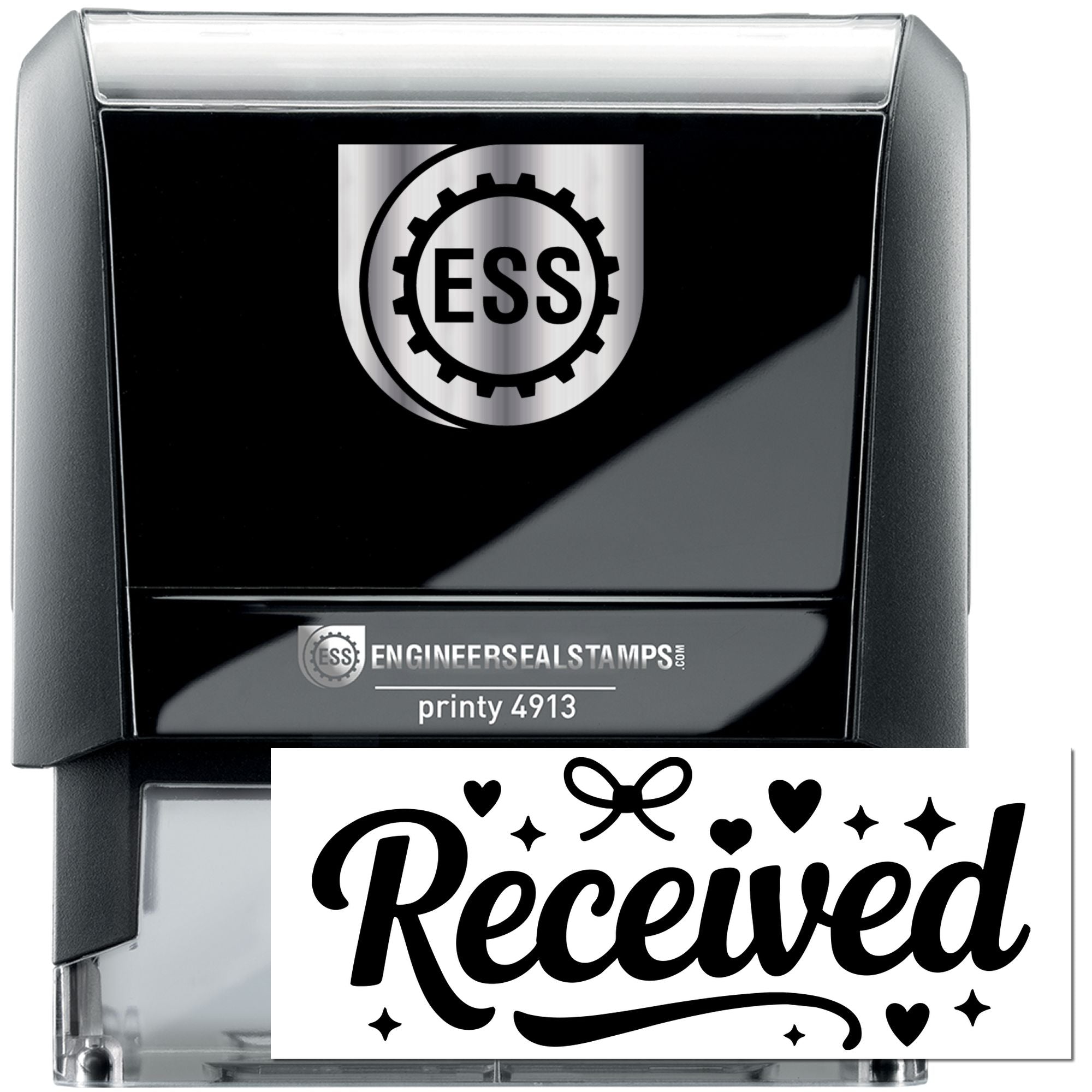 Black self-inking engineer seal stamp with ESS logo and white Received impression, gray casing.