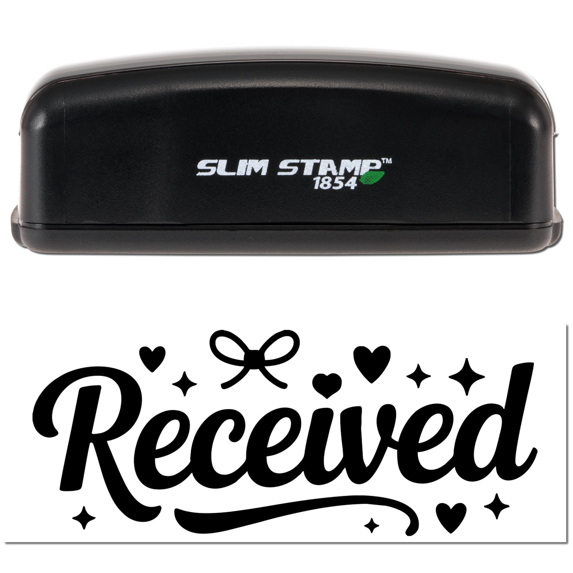 Black Slim Stamp 1854 stamp and seal set with white logo and a bold Received seal with hearts and stars