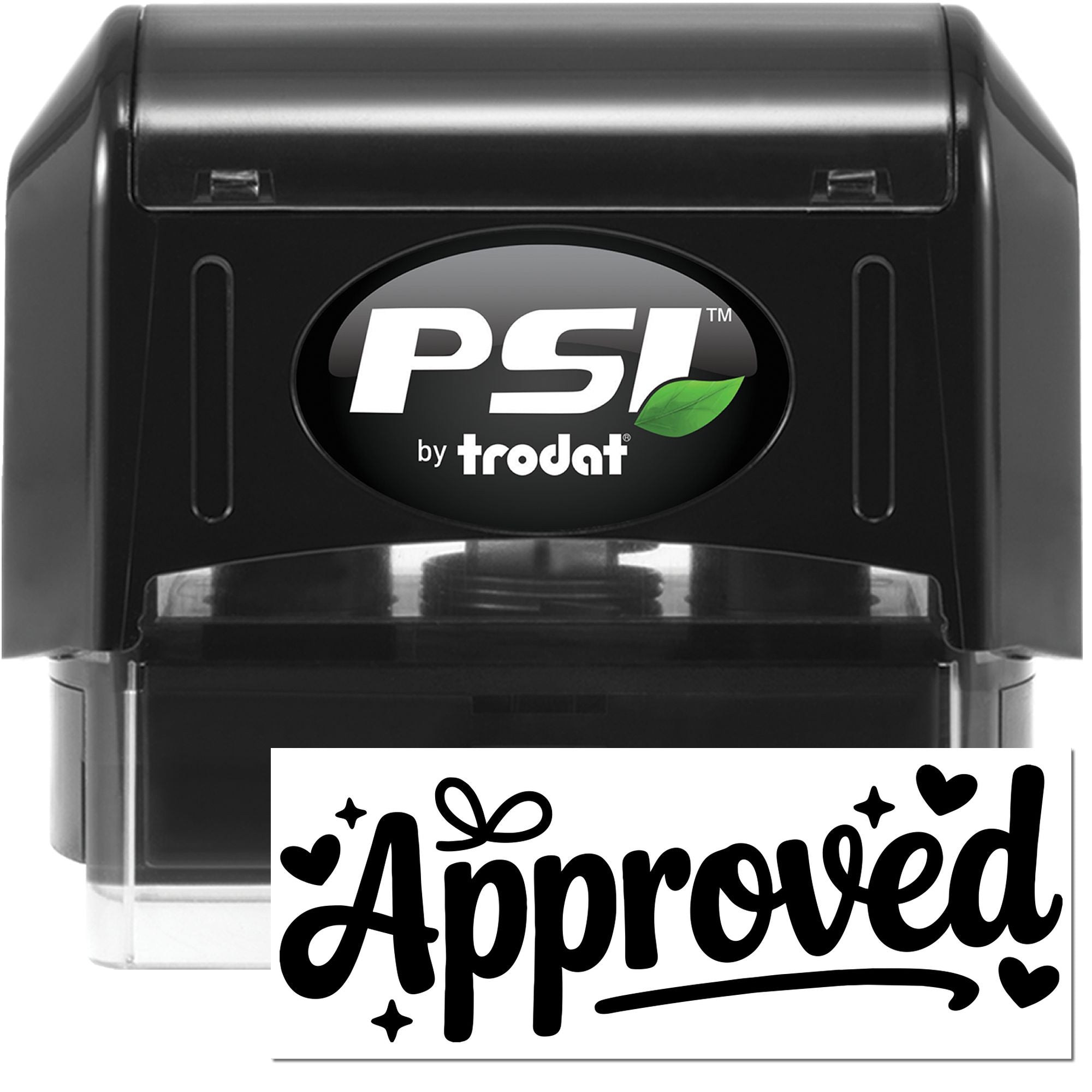 Black PSI by Trodat self-inking stamp with white Approved seal, hearts, and stars