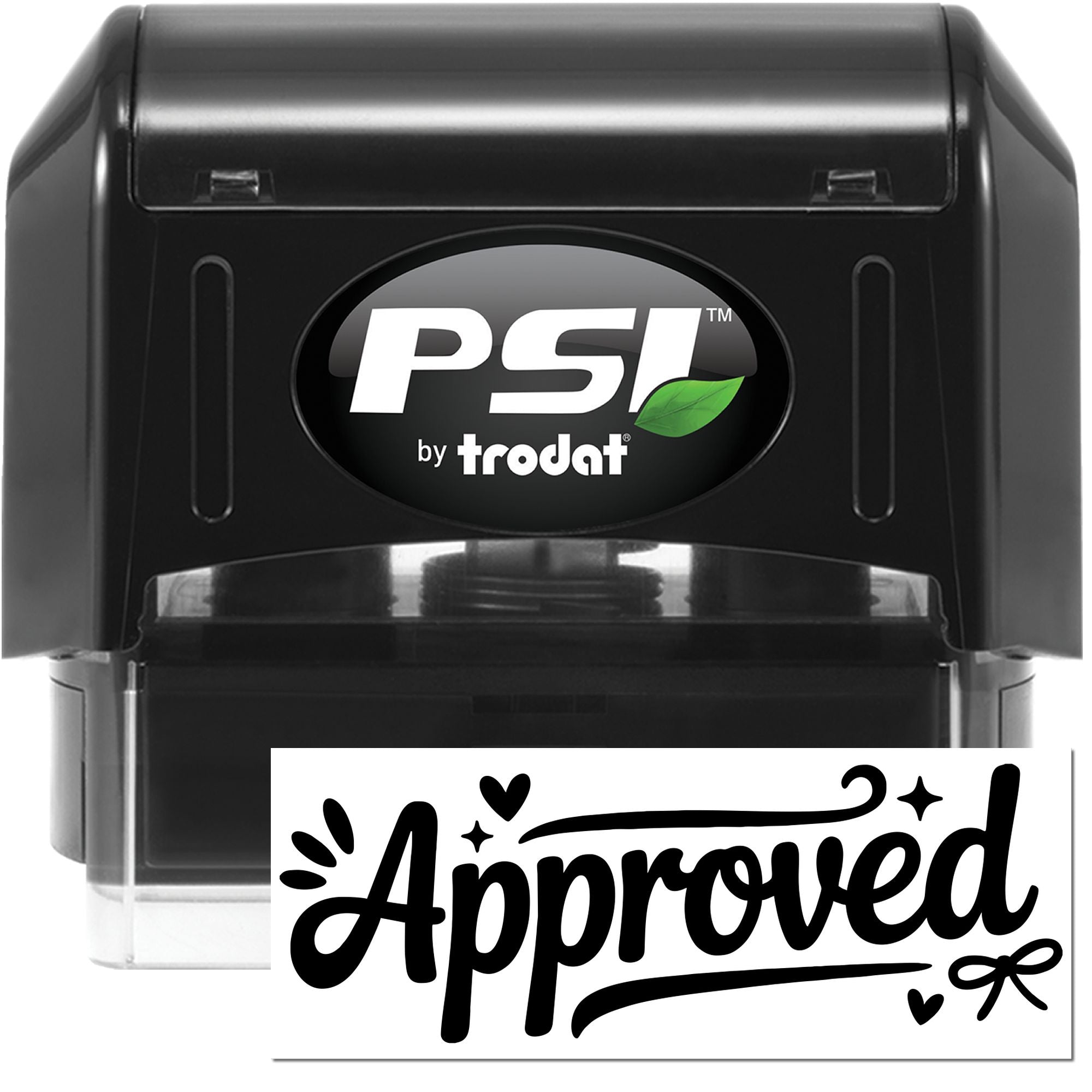 Black PSI by Trodat self-inking stamp and seal with transparent base and bold white Approved imprint.