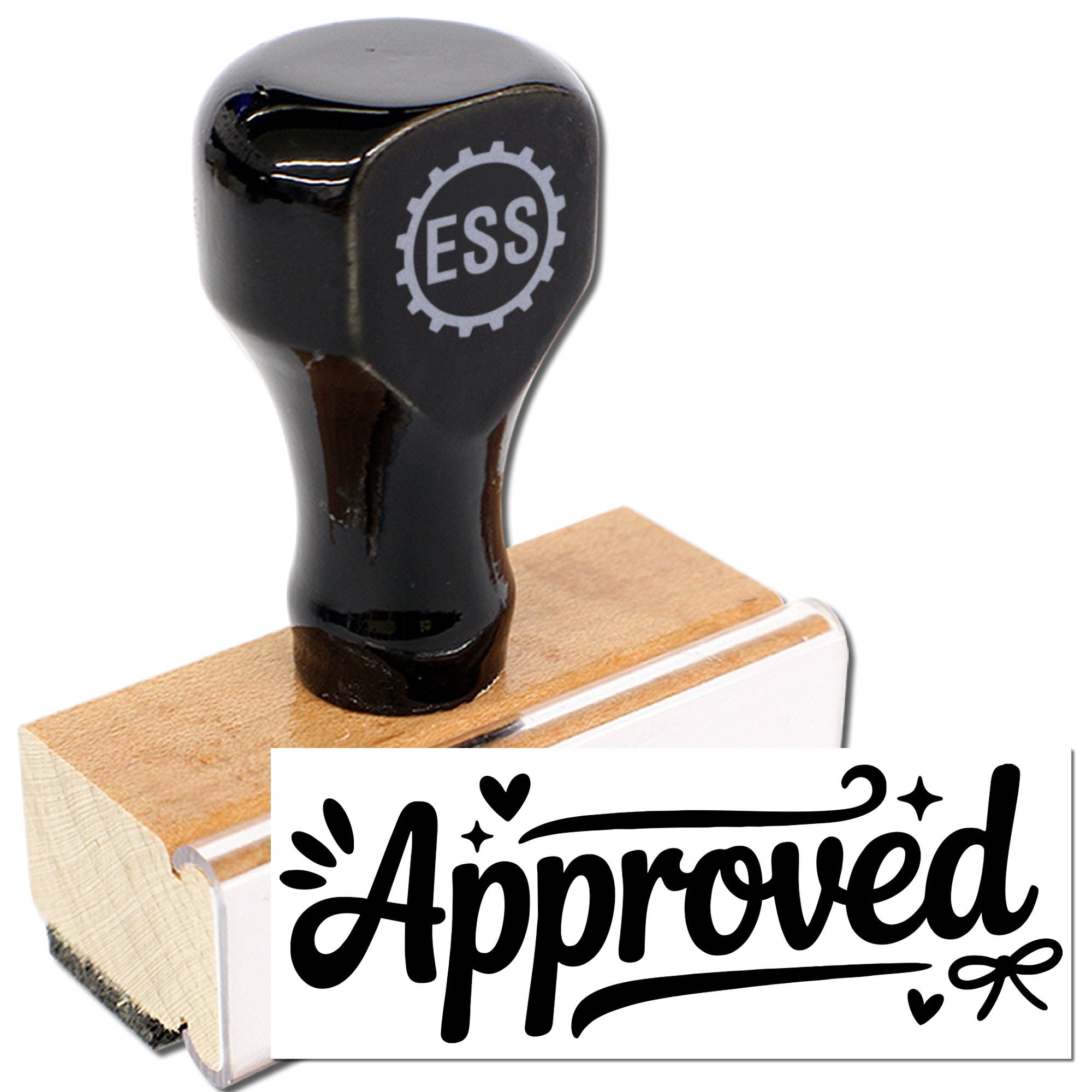 Black rubber stamp with ESS logo on a wooden mount, shown beside a white Approved seal impression.
