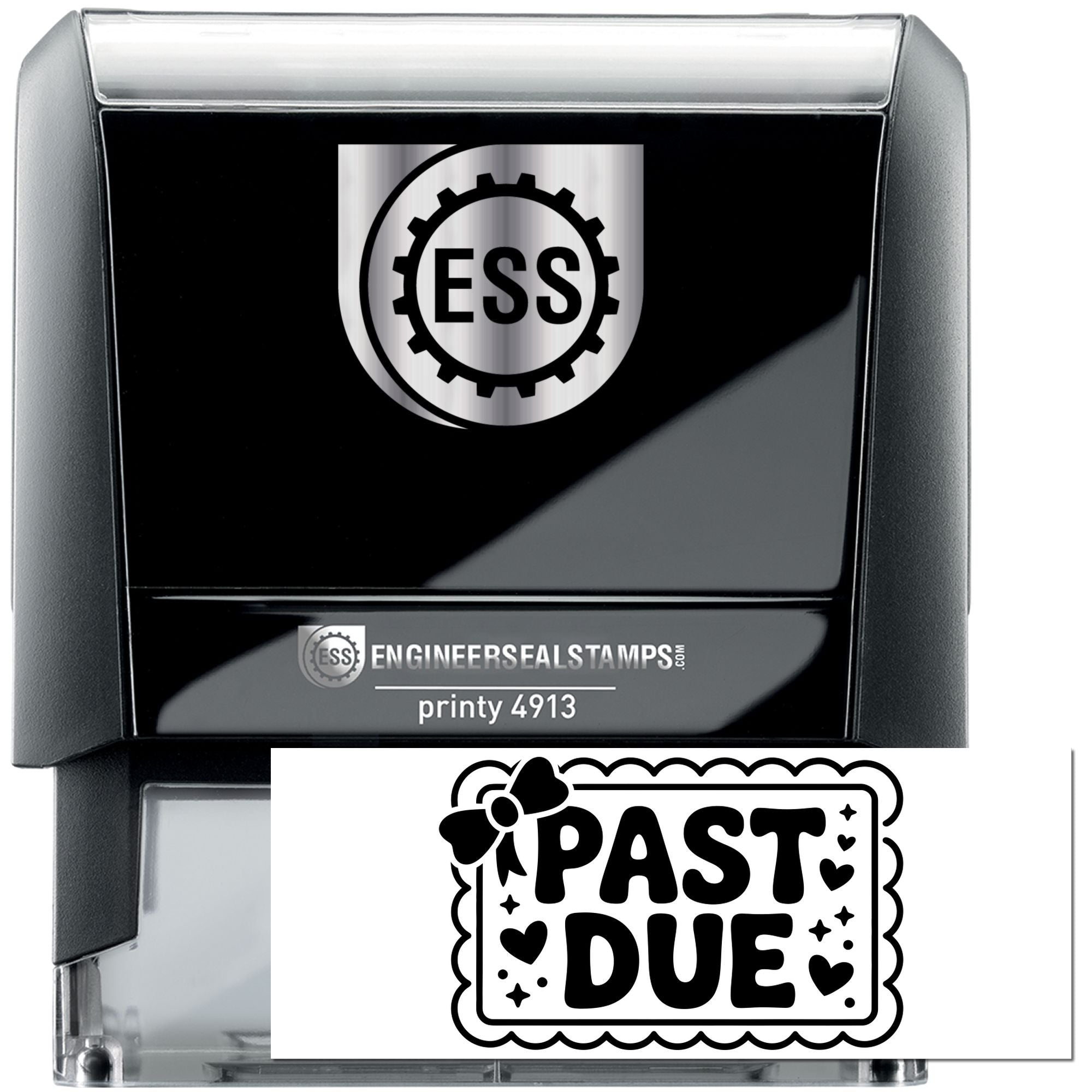 Black self-inking stamp with silver top, ESS logo, and PAST DUE seal design card.