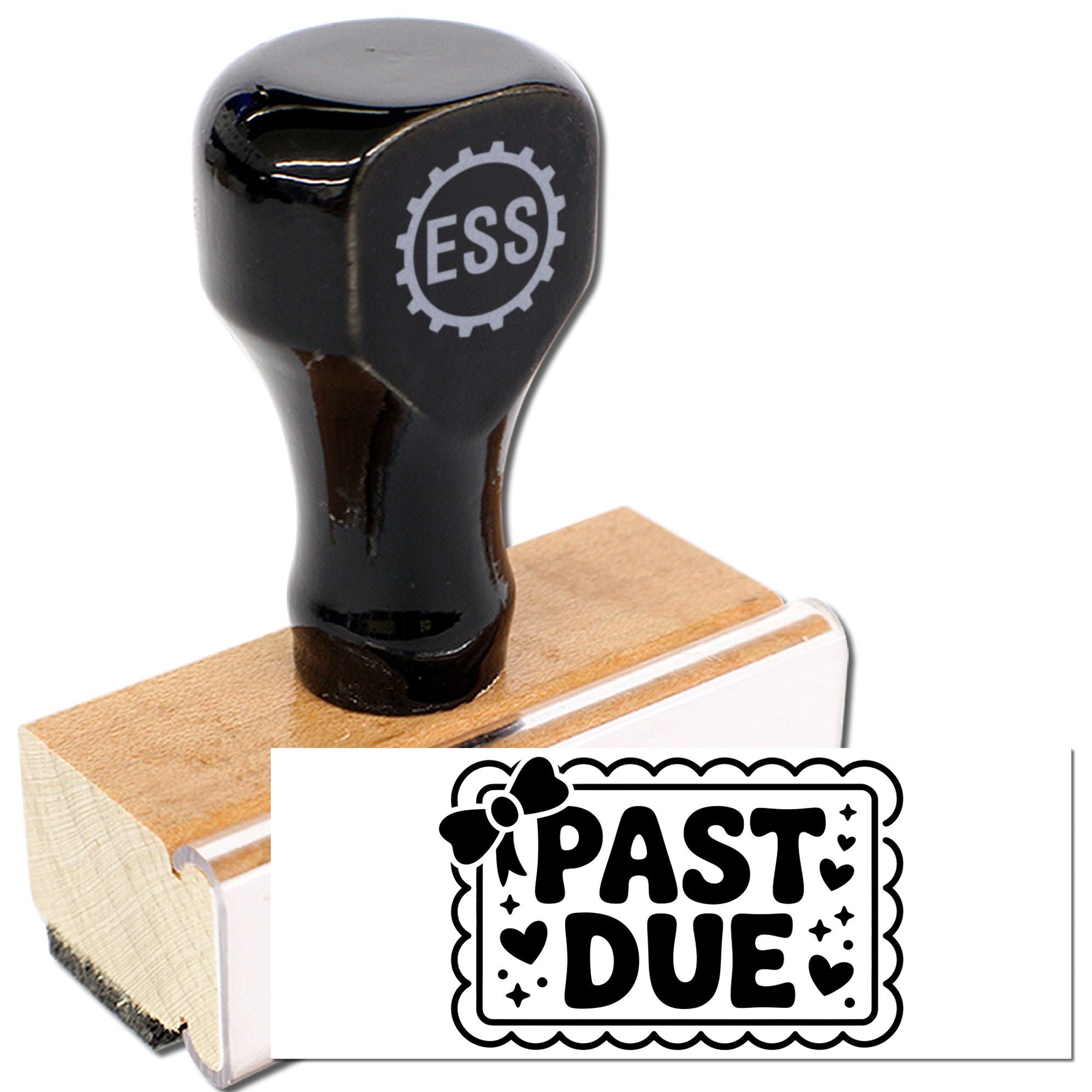 Black rubber stamp on a wood base with ESS logo and bold PAST DUE seal design in black and white.