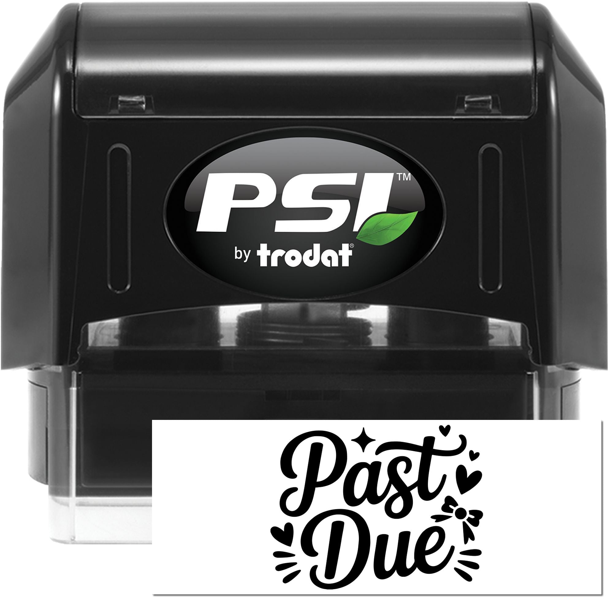 Black PSI by Trodat self-inking stamp and seal with white Past Due design card