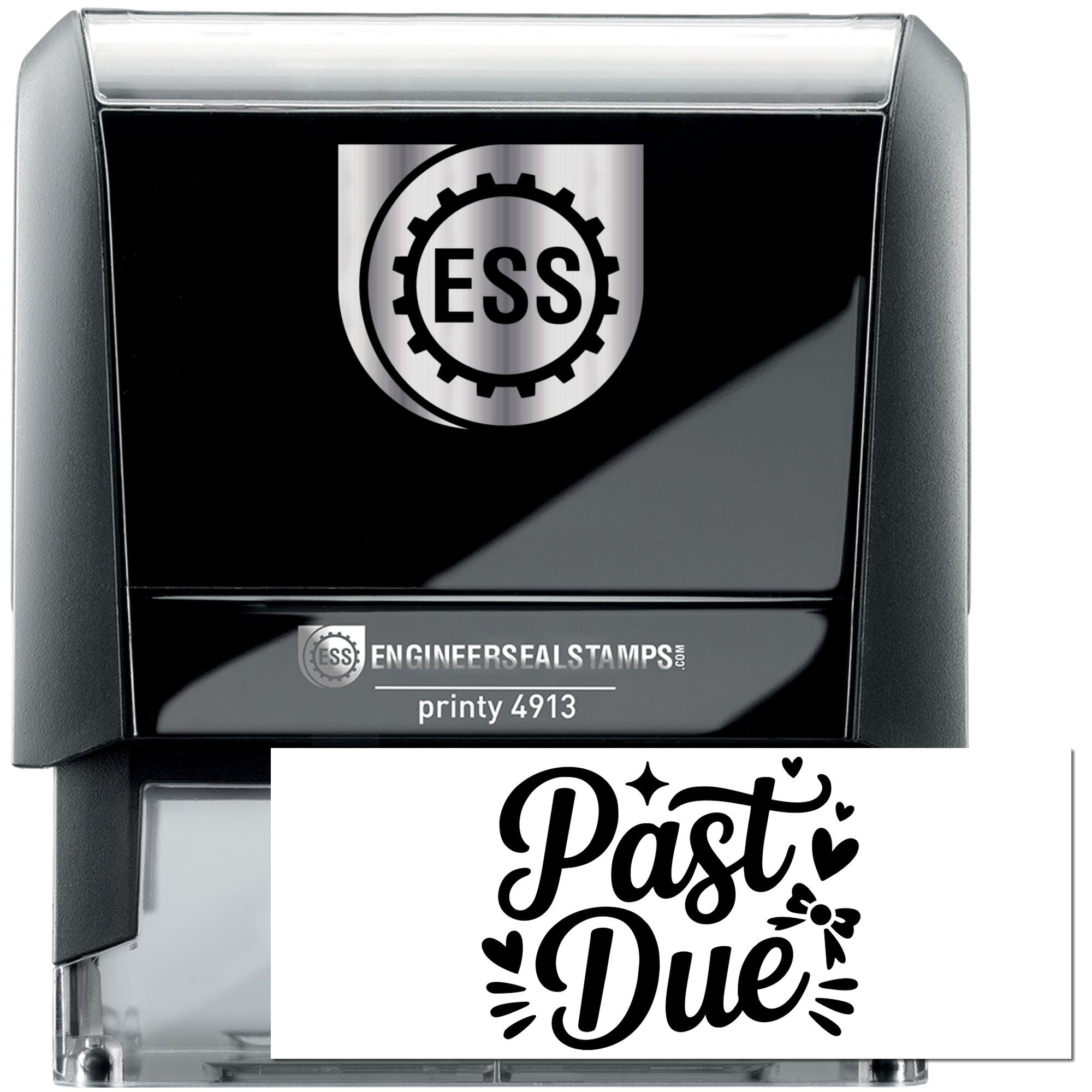 Black and silver self-inking engineer seal stamp with ESS logo and Past Due imprint on a clear acrylic case.