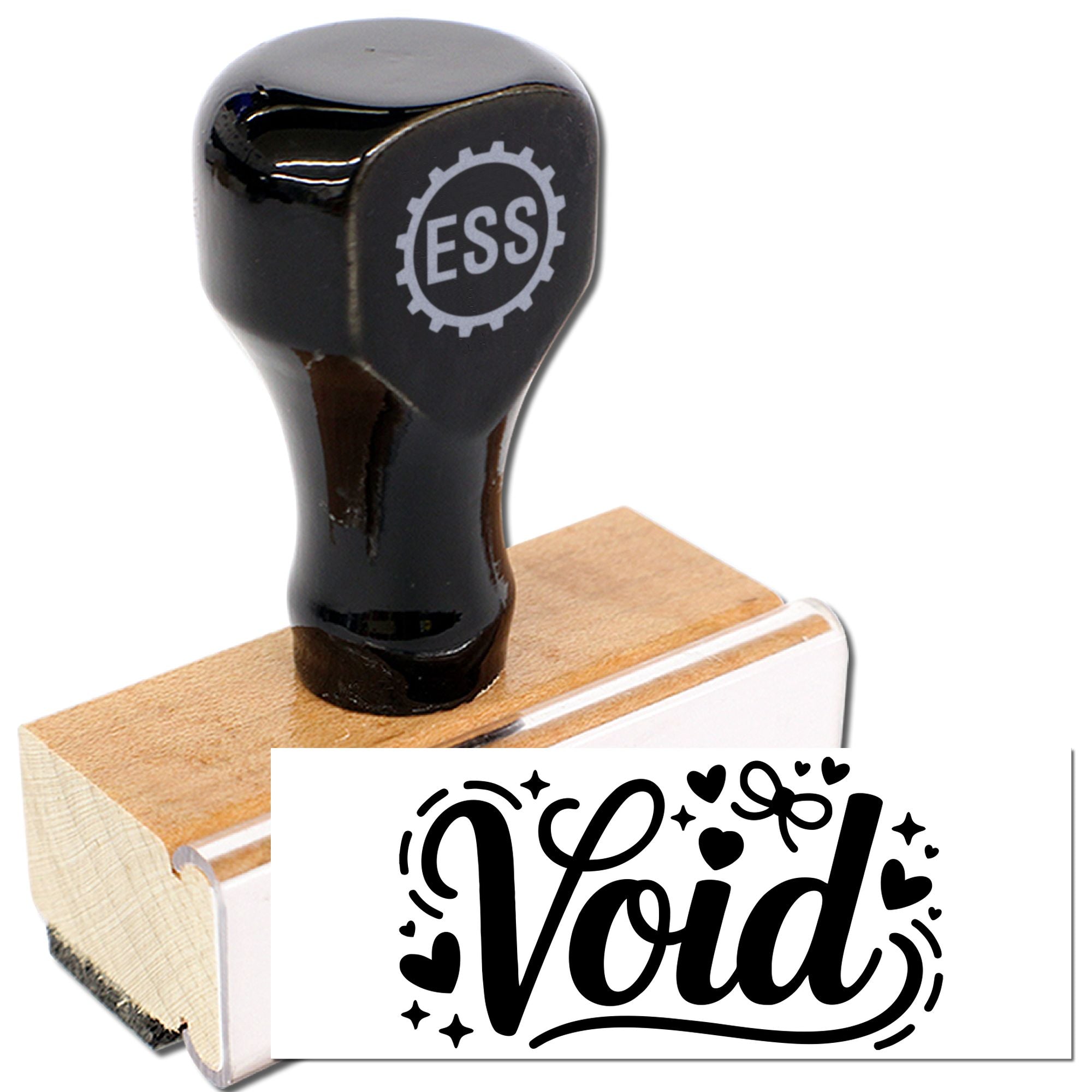 Black ESS rubber stamp on wooden base with bold Void seal impression