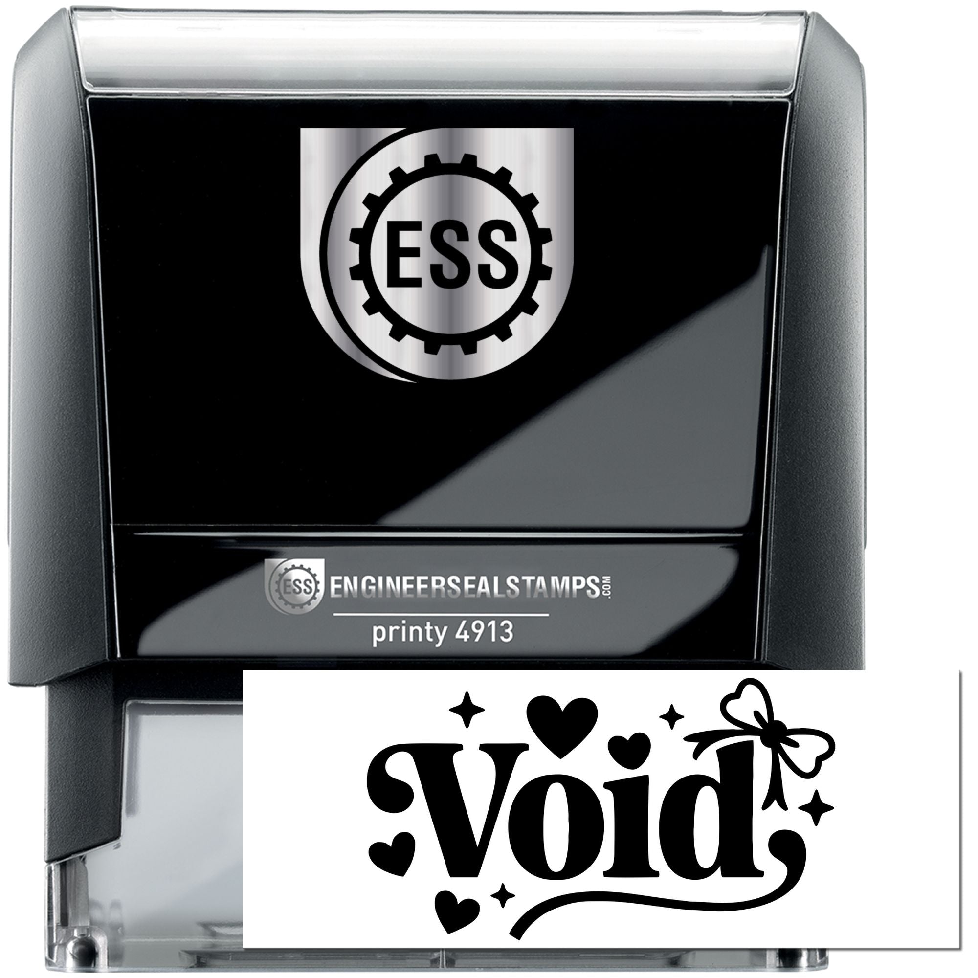 Black self-inking stamp and seal with silver ESS engineer seal logo, clear casing, and Void imprint.