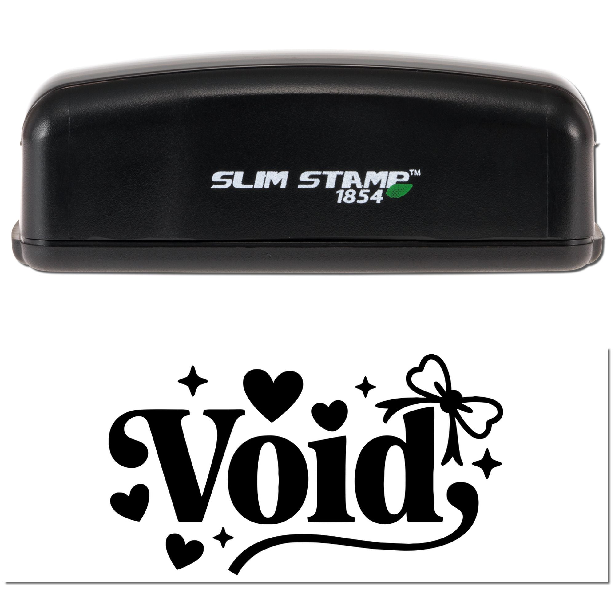 Black Slim Stamp 1854 stamp and seal with bold Void imprint, hearts, stars, and ribbon on white paper.