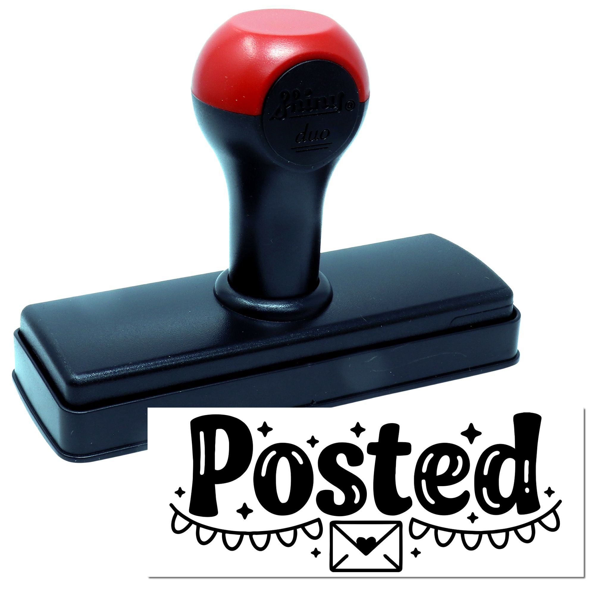 Red and black self-inking stamp and seal with Posted design and envelope icon.
