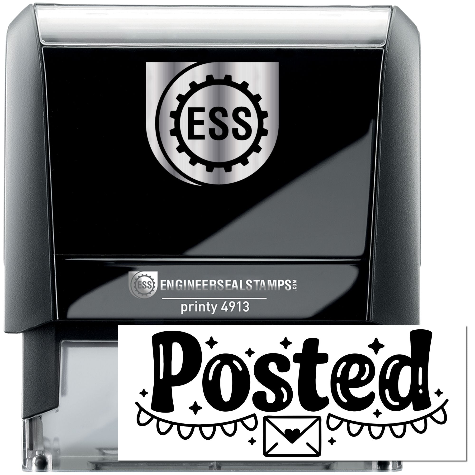 Black self-inking engineer seal stamp, black and silver, with ESS logo and Posted design on a white insert.