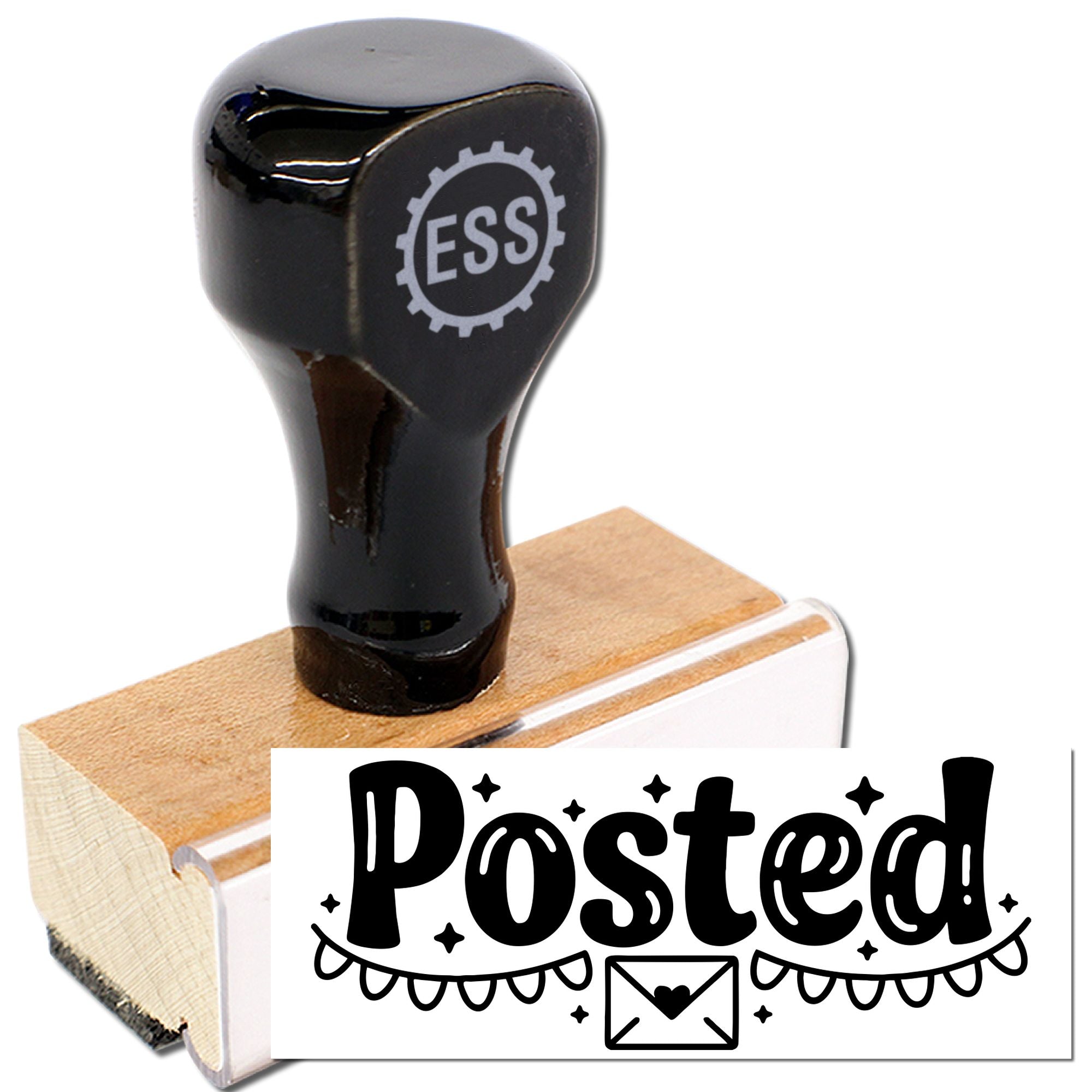 Black rubber stamp and seal product with ESS logo on a wooden base, plus bold Posted! graphic.