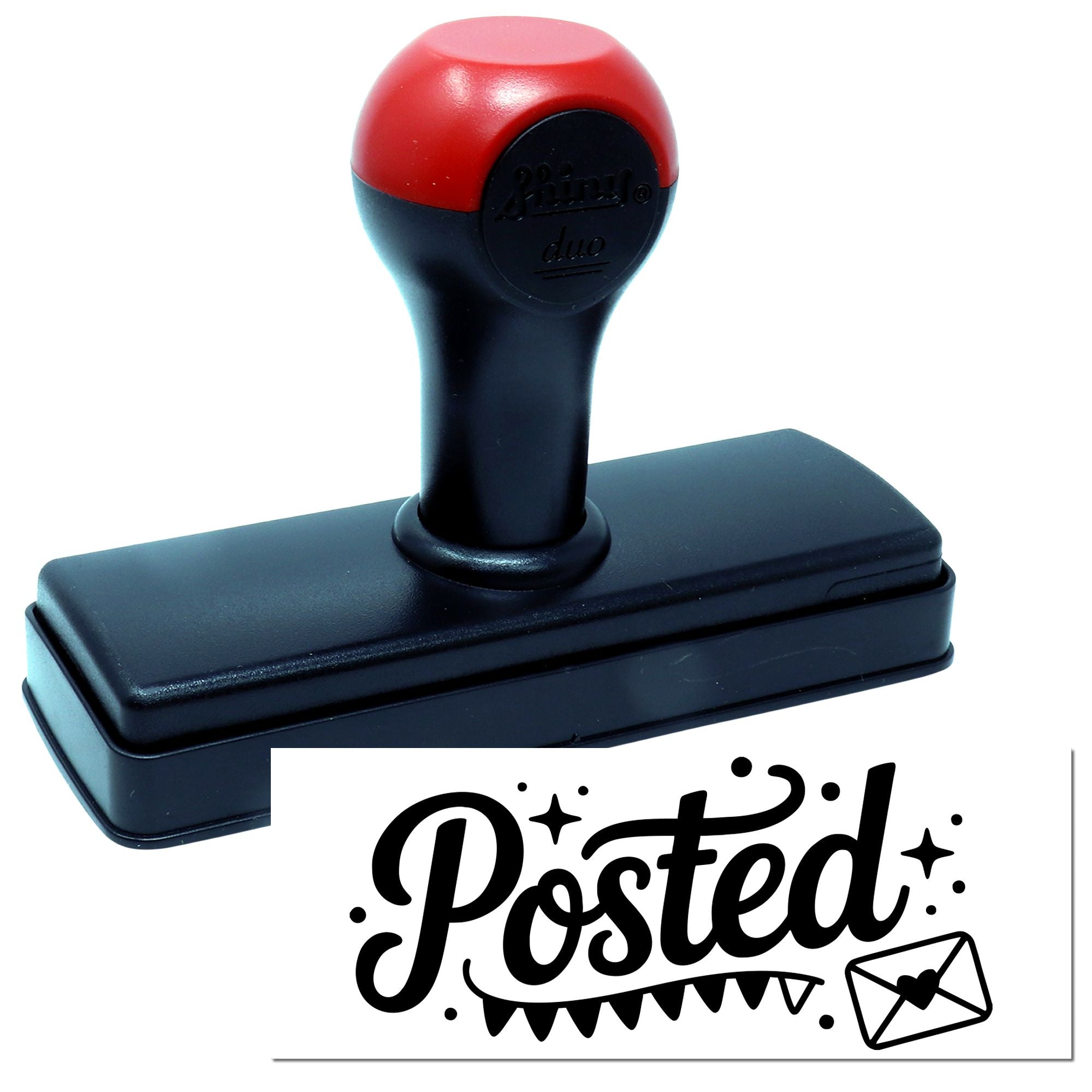 Red and black self-inking stamp with rectangular base and bold black Posted seal design