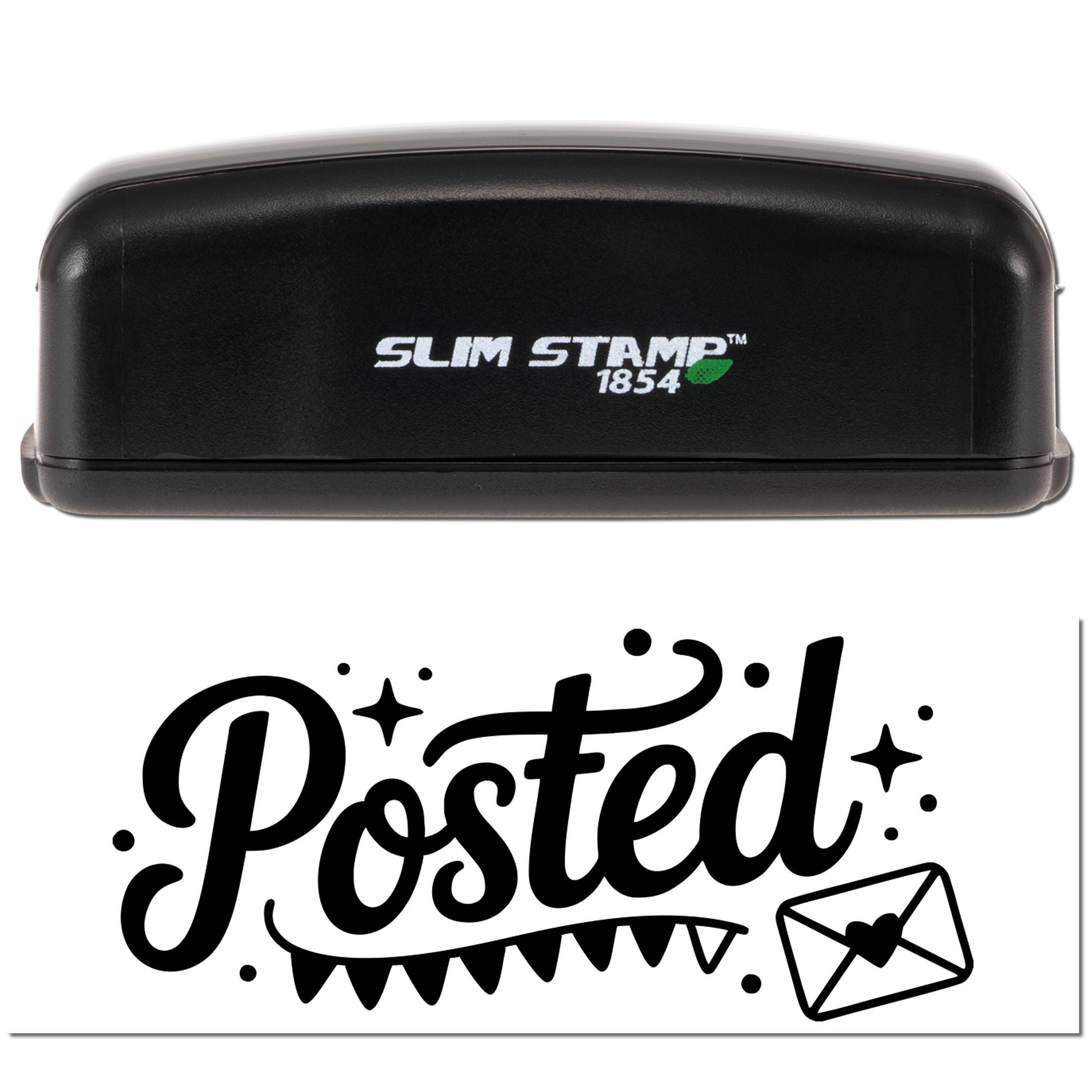 Black Slim Stamp 1854 handheld stamp with decorative black Posted seal and envelope heart icon on white background.