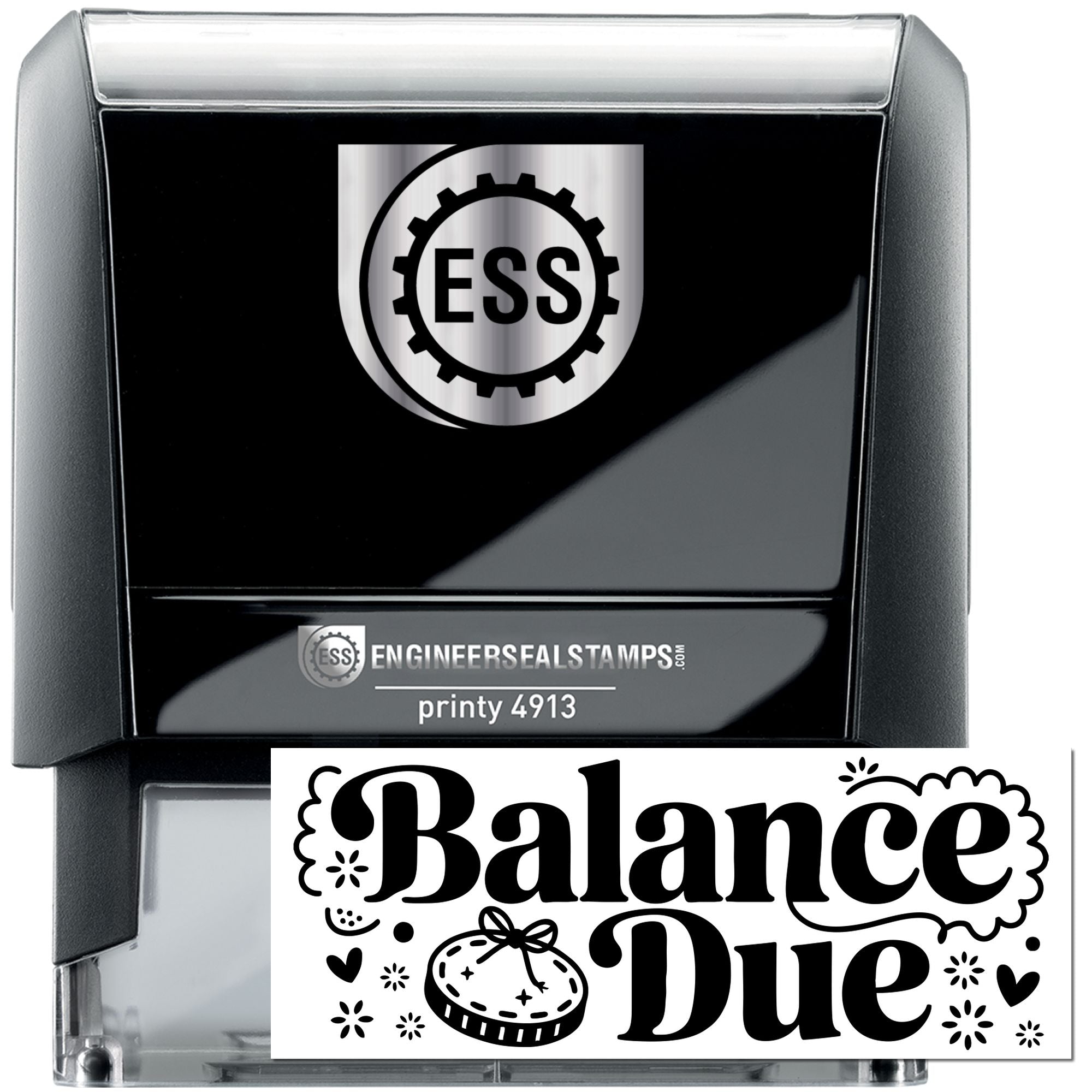 Black self-inking stamp and seal with ESS logo, silver accents, and bold Balance Due design.