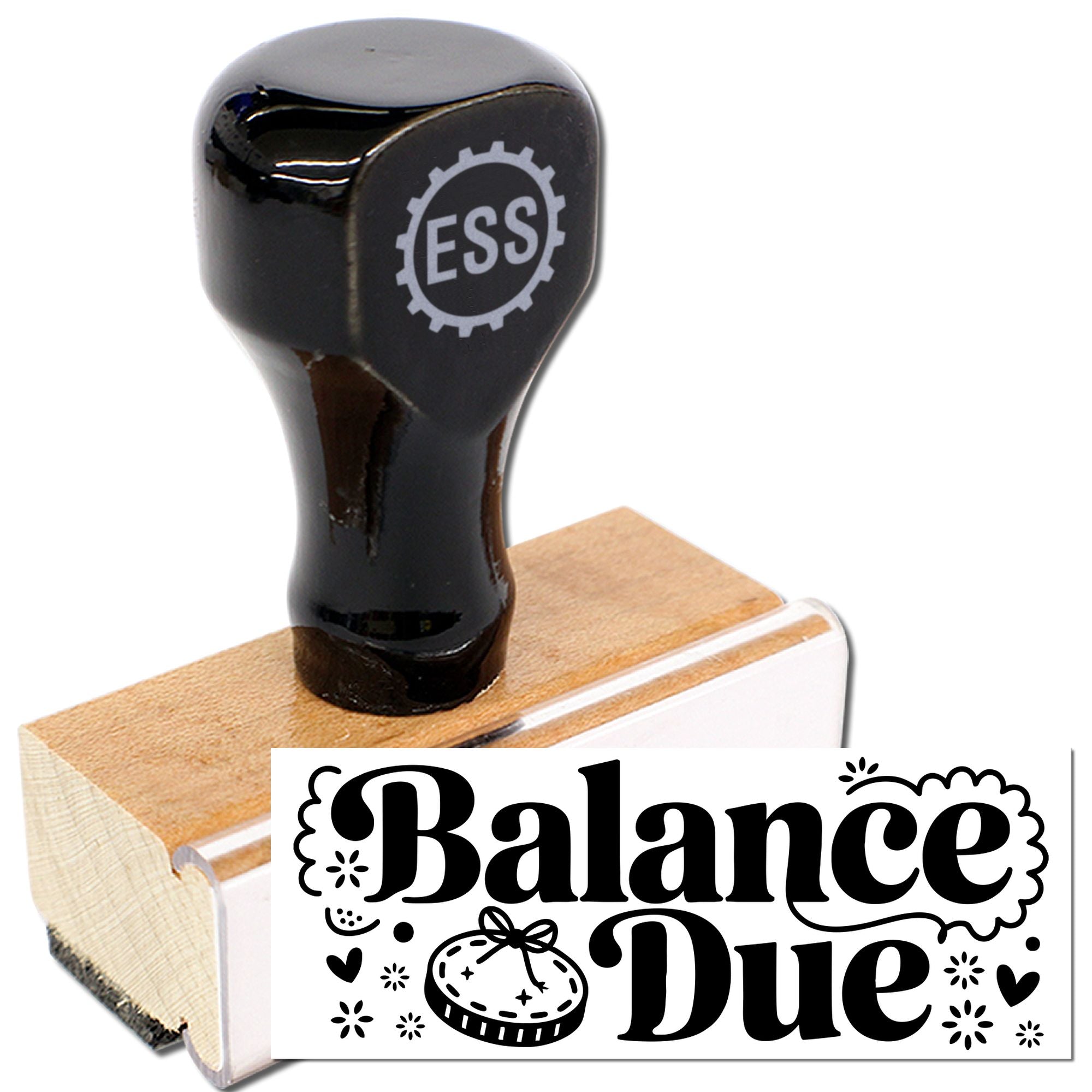 Balance Due rubber stamp and seal with black handle, wooden base, and bold decorative black lettering.