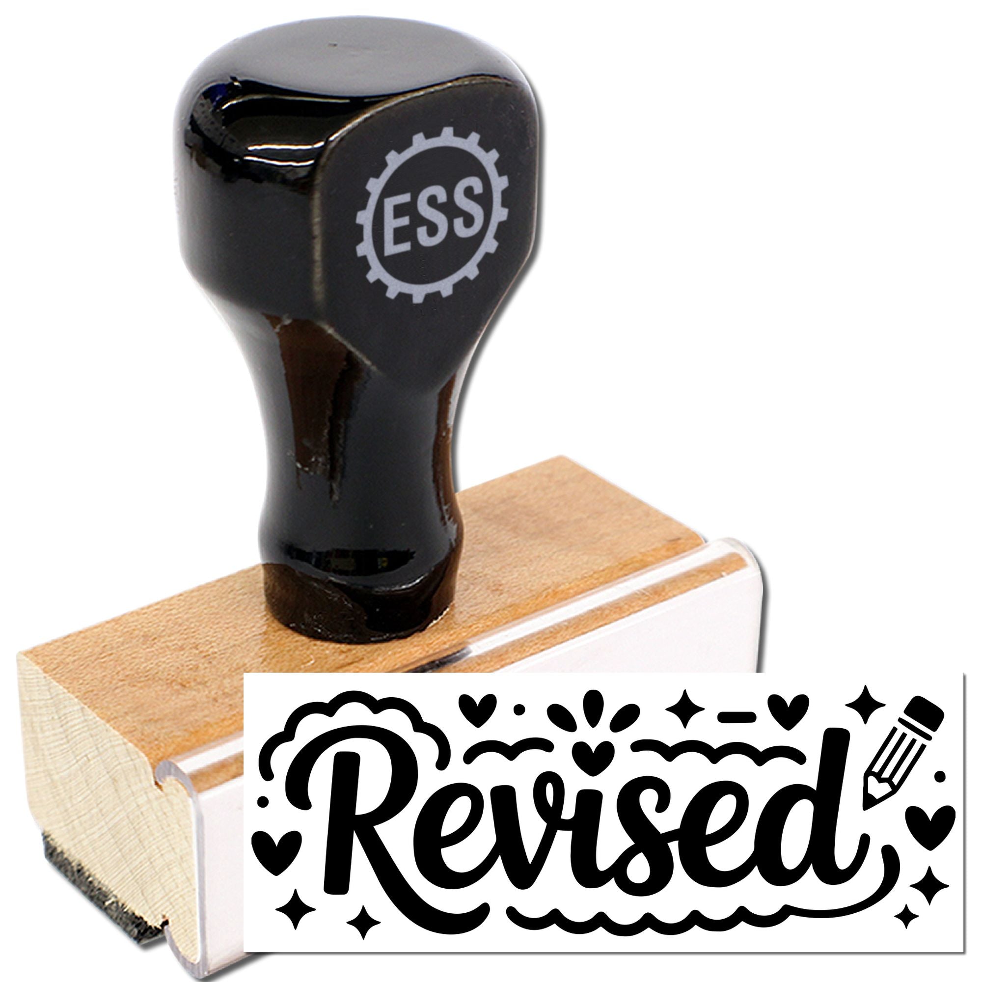 Black ESS rubber stamp with wooden handle and bold Revised seal, decorated with hearts and sparkles.