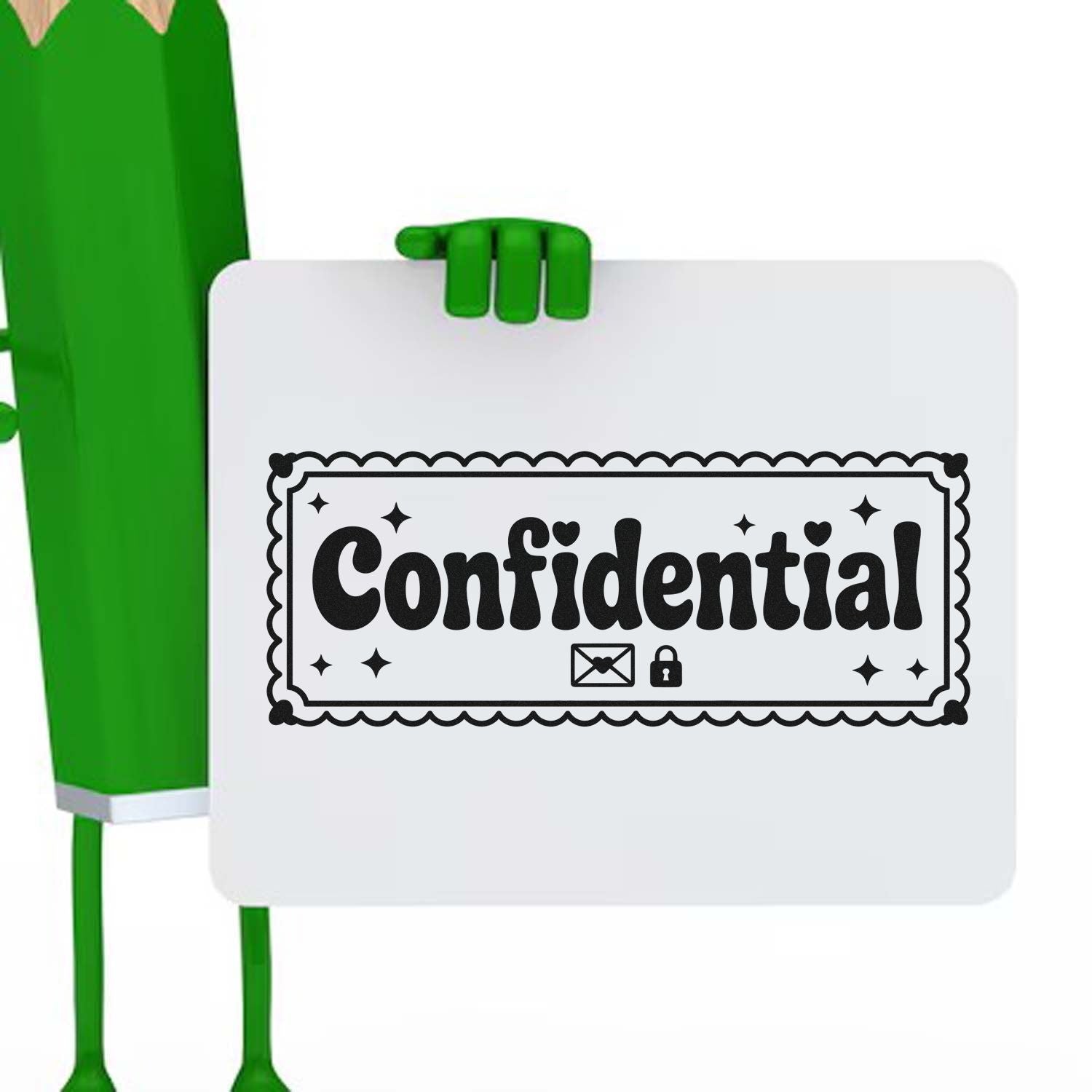 Green character holding a white confidential stamp seal with black lettering, lock and envelope icons on a white background.