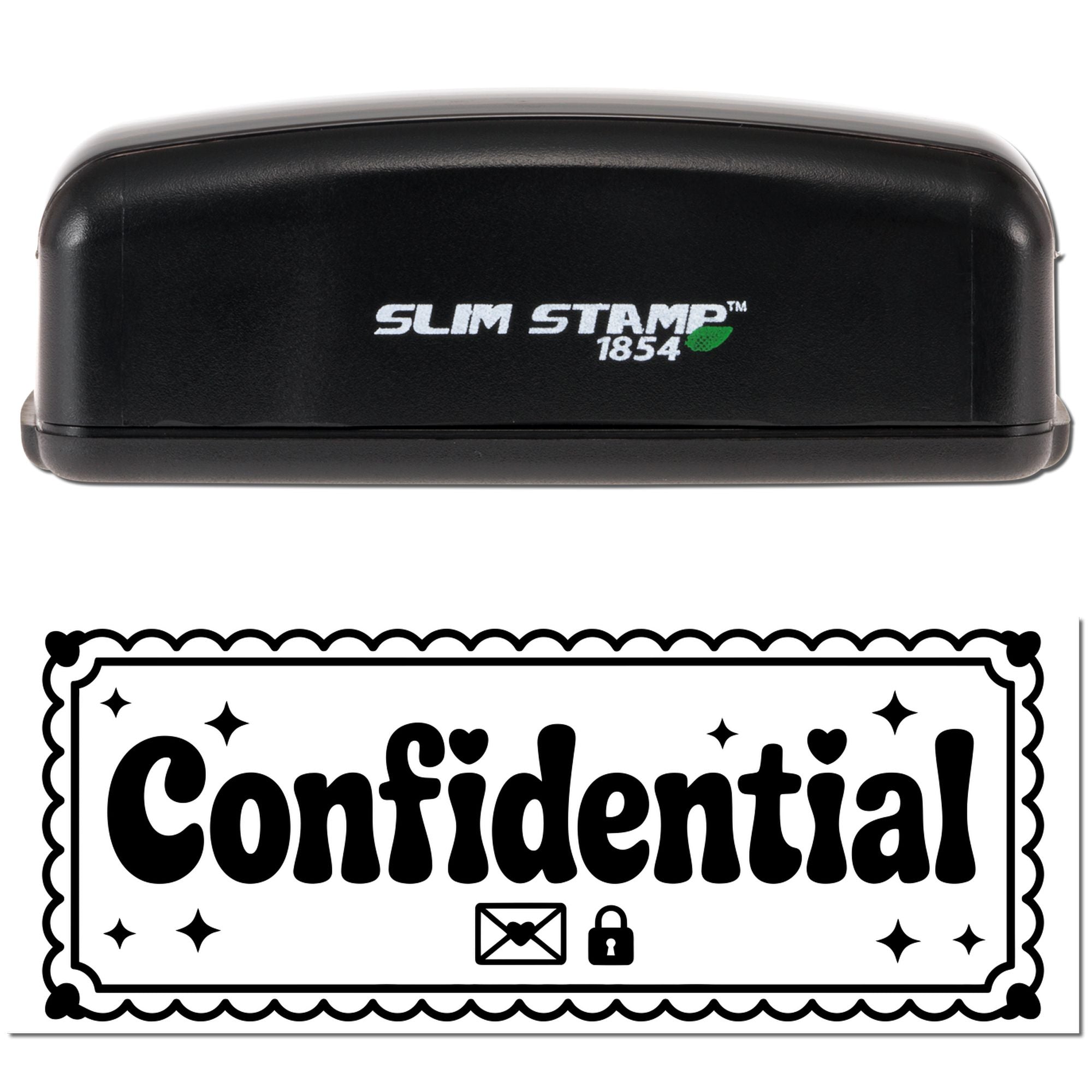 Black Slim Stamp 1854 stamp and confidential seal graphic with white lettering, lock, envelope, and green leaf logo