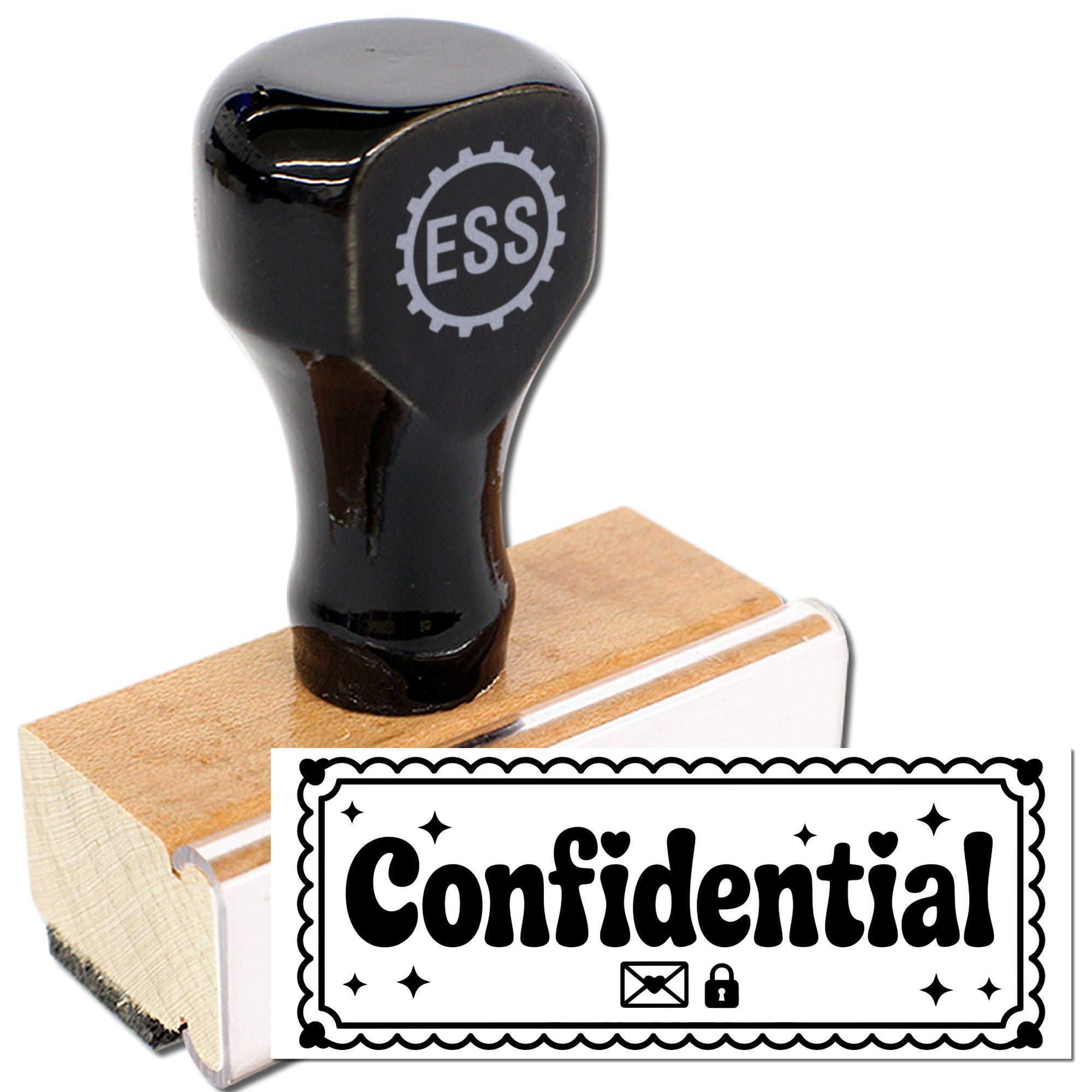 Black rubber stamp and wooden seal block with ESS logo and Confidential design in bold black on white.