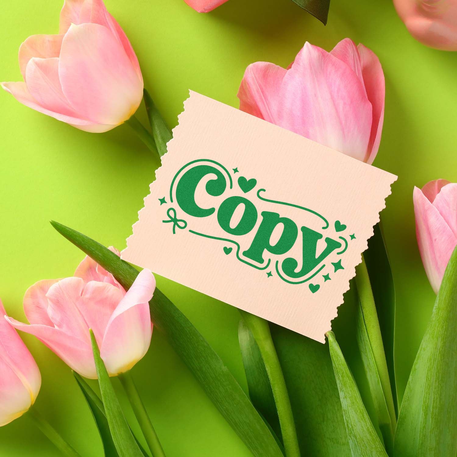 Green Copy stamp seal on cream torn paper, surrounded by pink tulips on a lime green background.