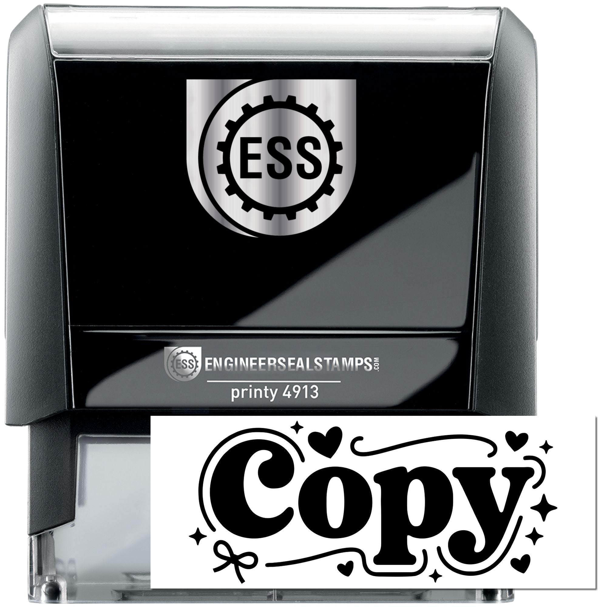 Black self-inking engineer seal stamp with silver ESS logo and white Copy imprint design.