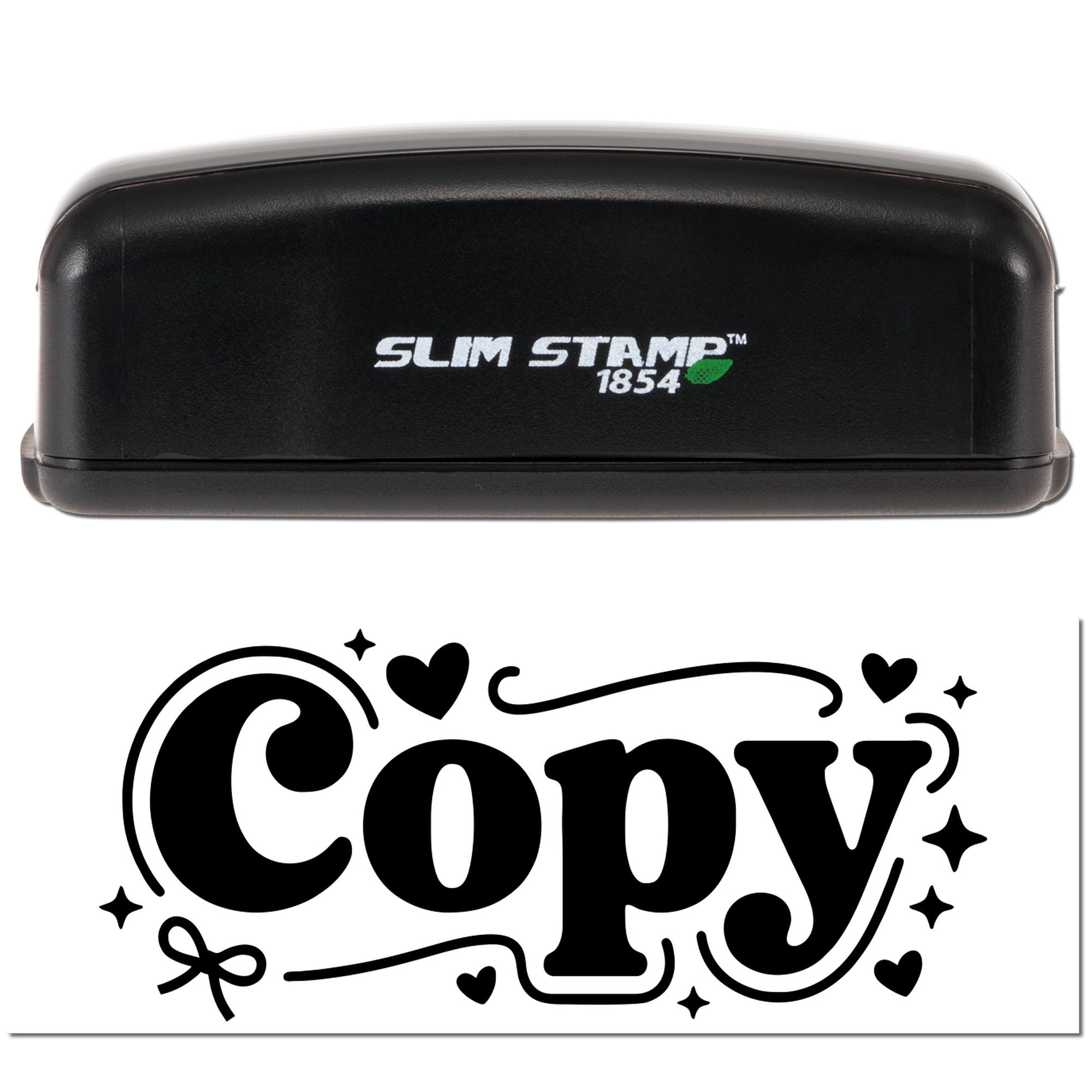 Black Slim Stamp 1854 stamp and seal set with decorative Copy design, hearts, swirls, and white background.