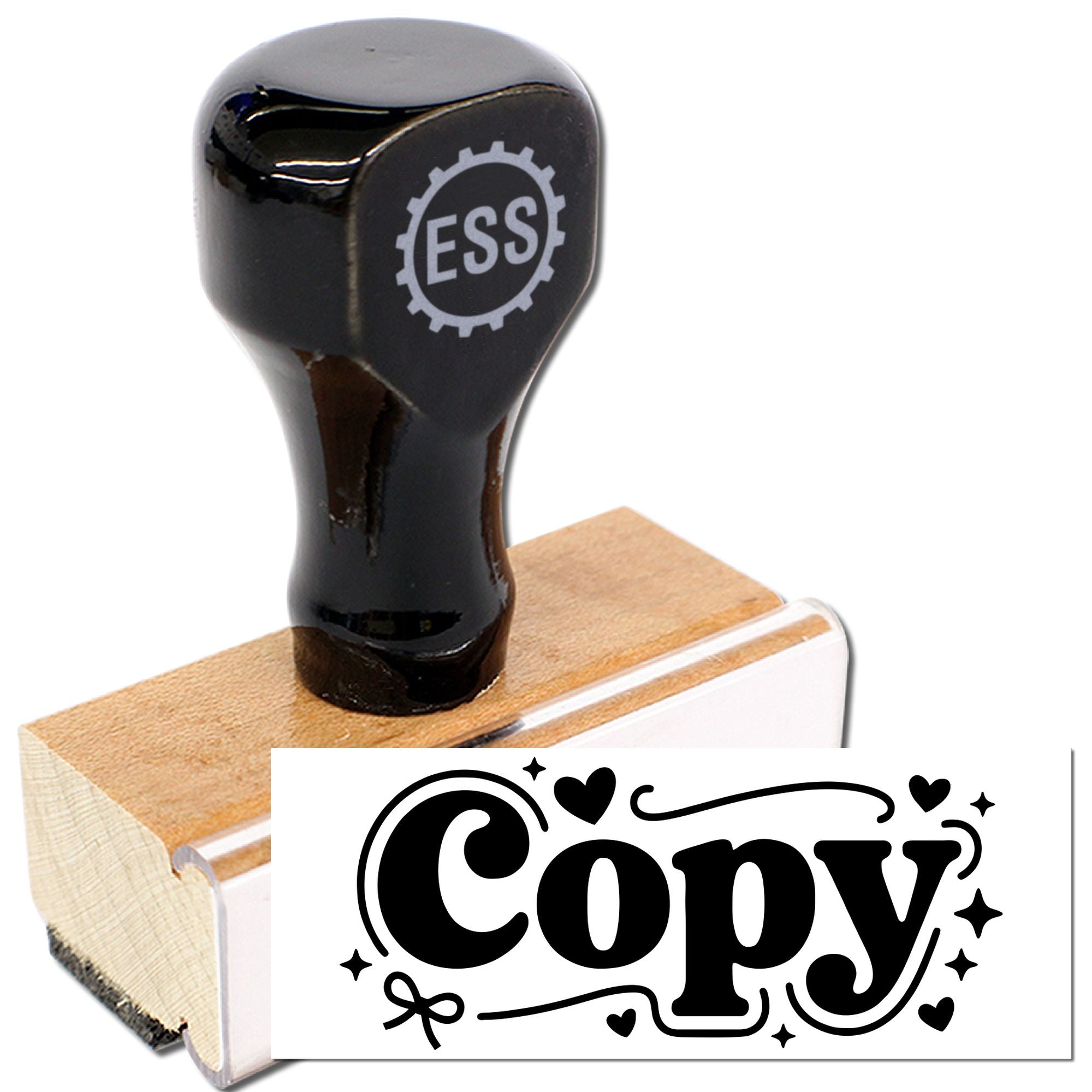Black self-inking stamp seal on wooden base with white Copy design and ESS logo.