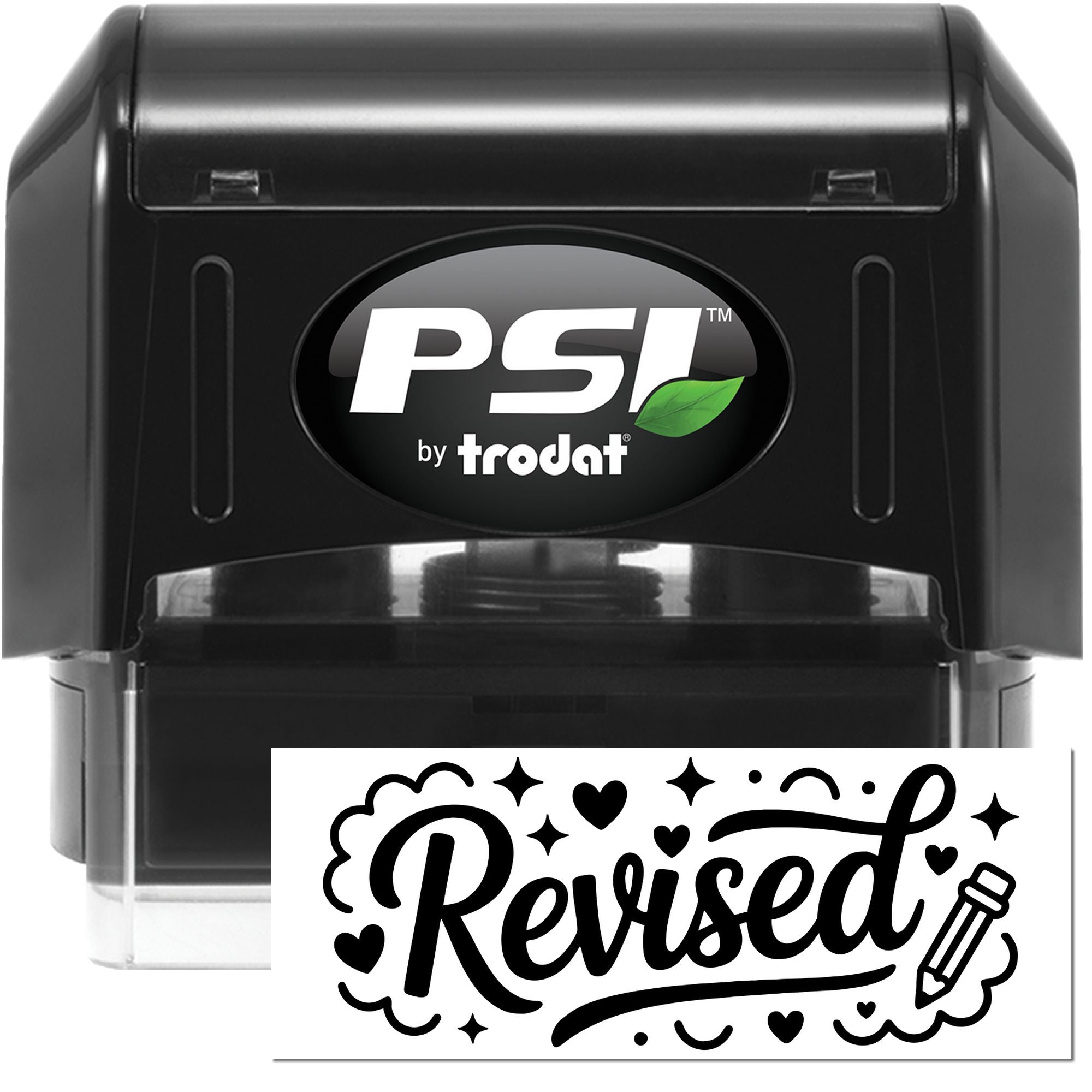 Black PSI by Trodat self-inking stamp with a white Revised seal impression, black lettering, hearts, stars, and pencil icon.