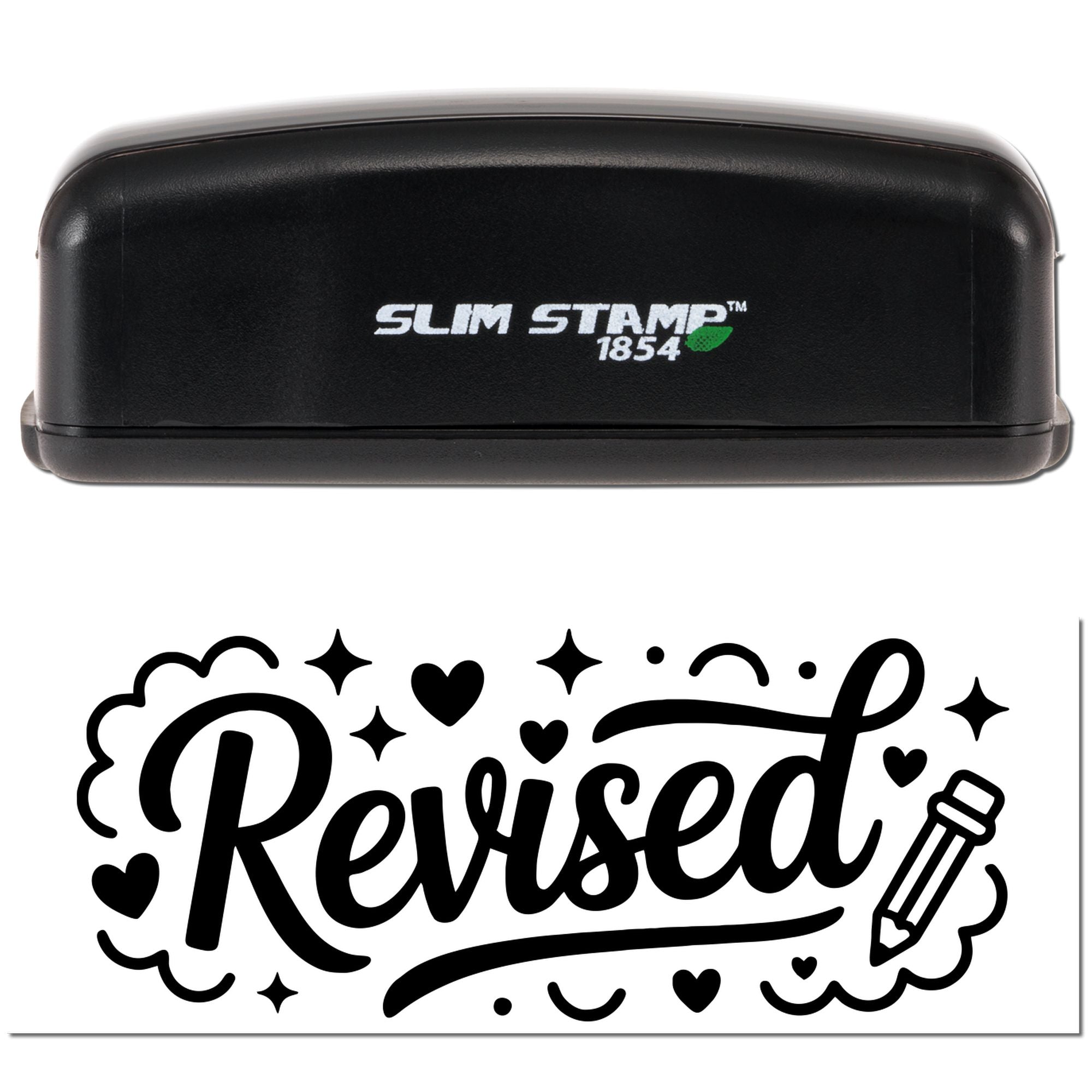 Black Slim Stamp 1854 self-inking stamp above a bold black Revised seal with hearts and sparkles on white.