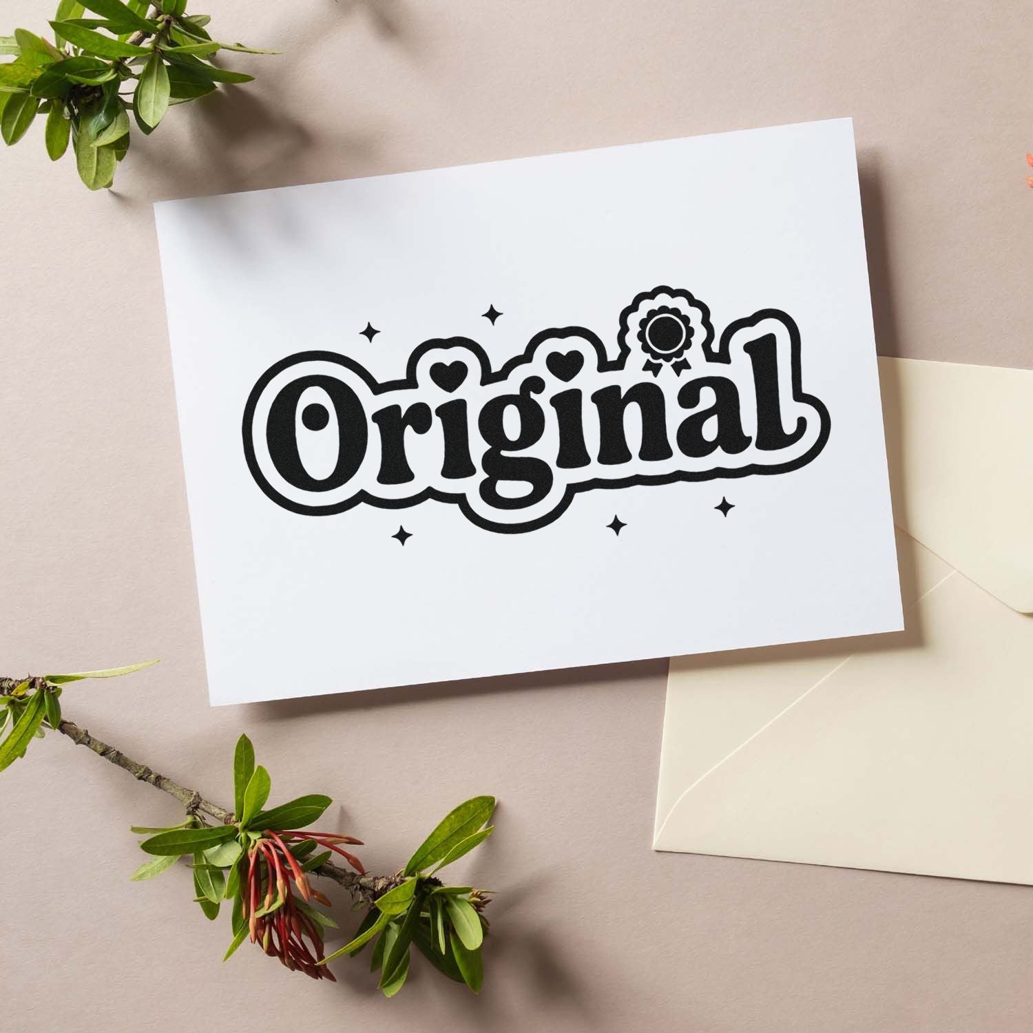 Black Original stamp and seal design on white paper, with hearts and ribbon seal, on a beige background with green leaves.
