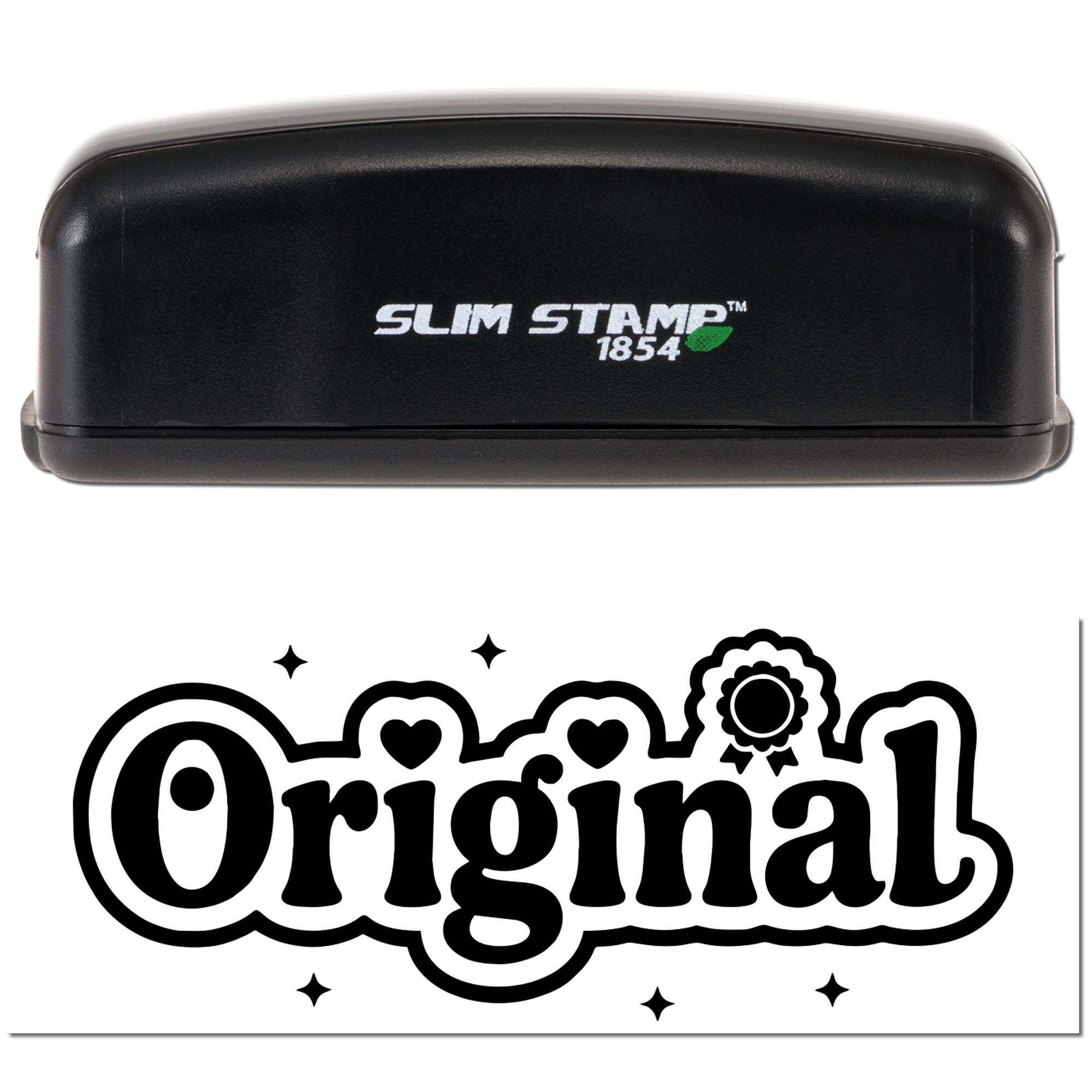 Black Slim Stamp 1854 stamp and seal set with bold Original design, hearts, stars, and ribbon emblem on white background.