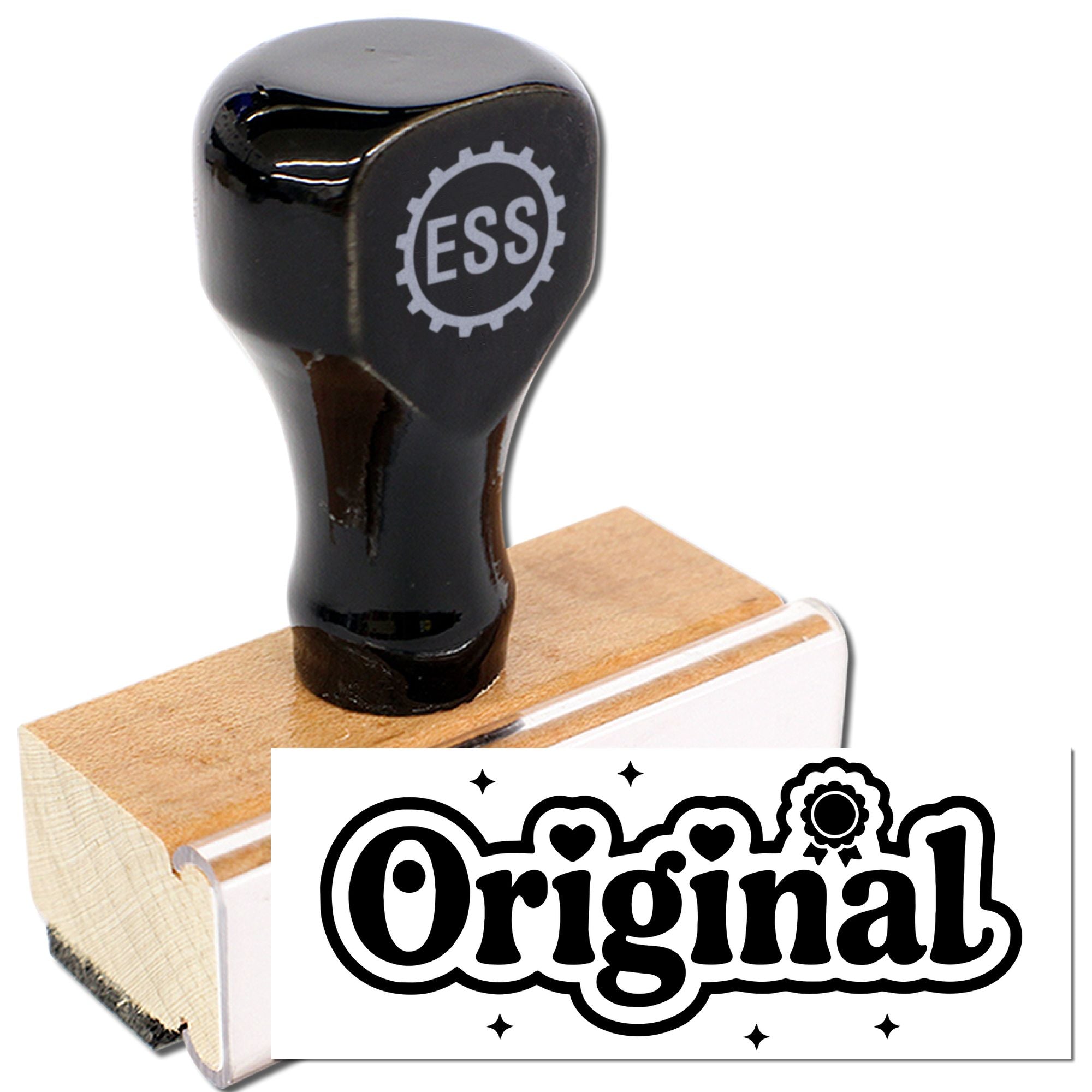 Black custom rubber stamp and wooden seal block with decorative Original imprint on white background.