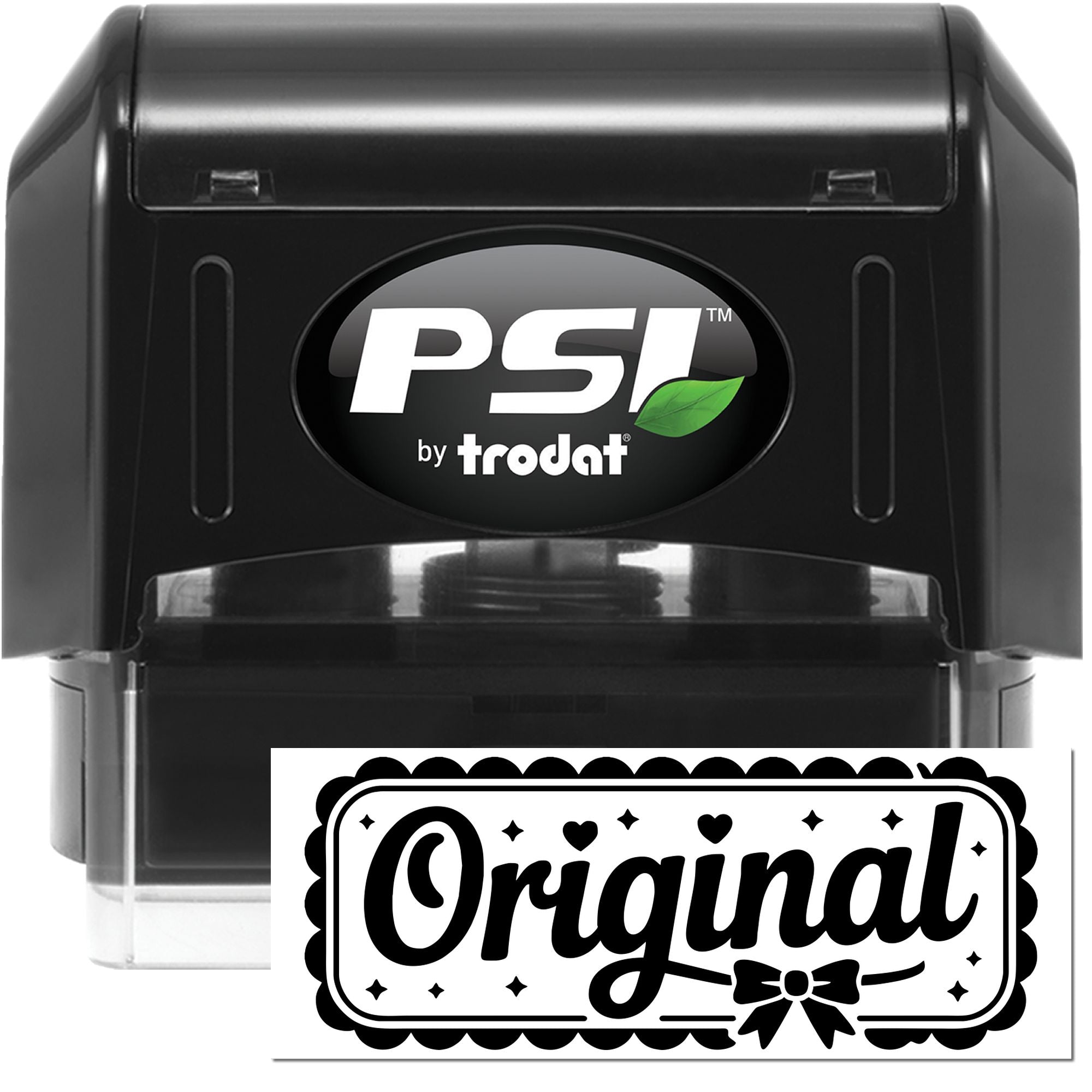 Black PSI by Trodat self-inking stamp with black casing and a decorative Original seal impression with bow and stars