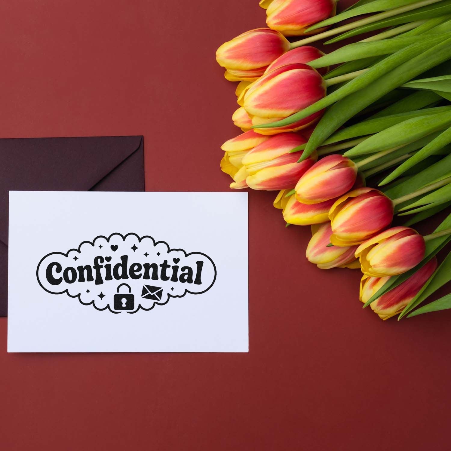 Confidential stamp and seal on white card with black envelope icon, beside pink-yellow tulips on burgundy background.