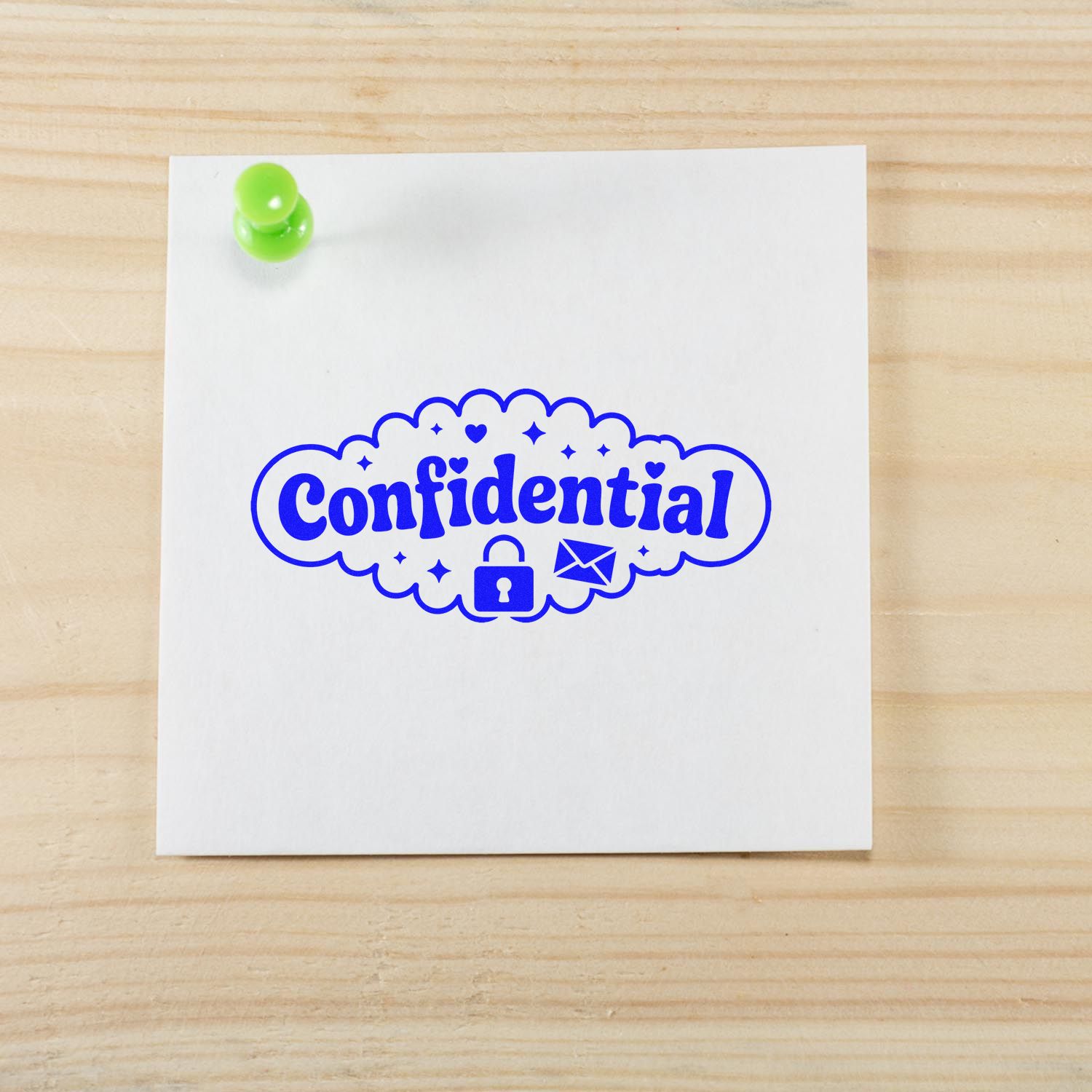 Blue Confidential stamp seal on white paper with lock and envelope icons, pinned by a green tack on light wood.