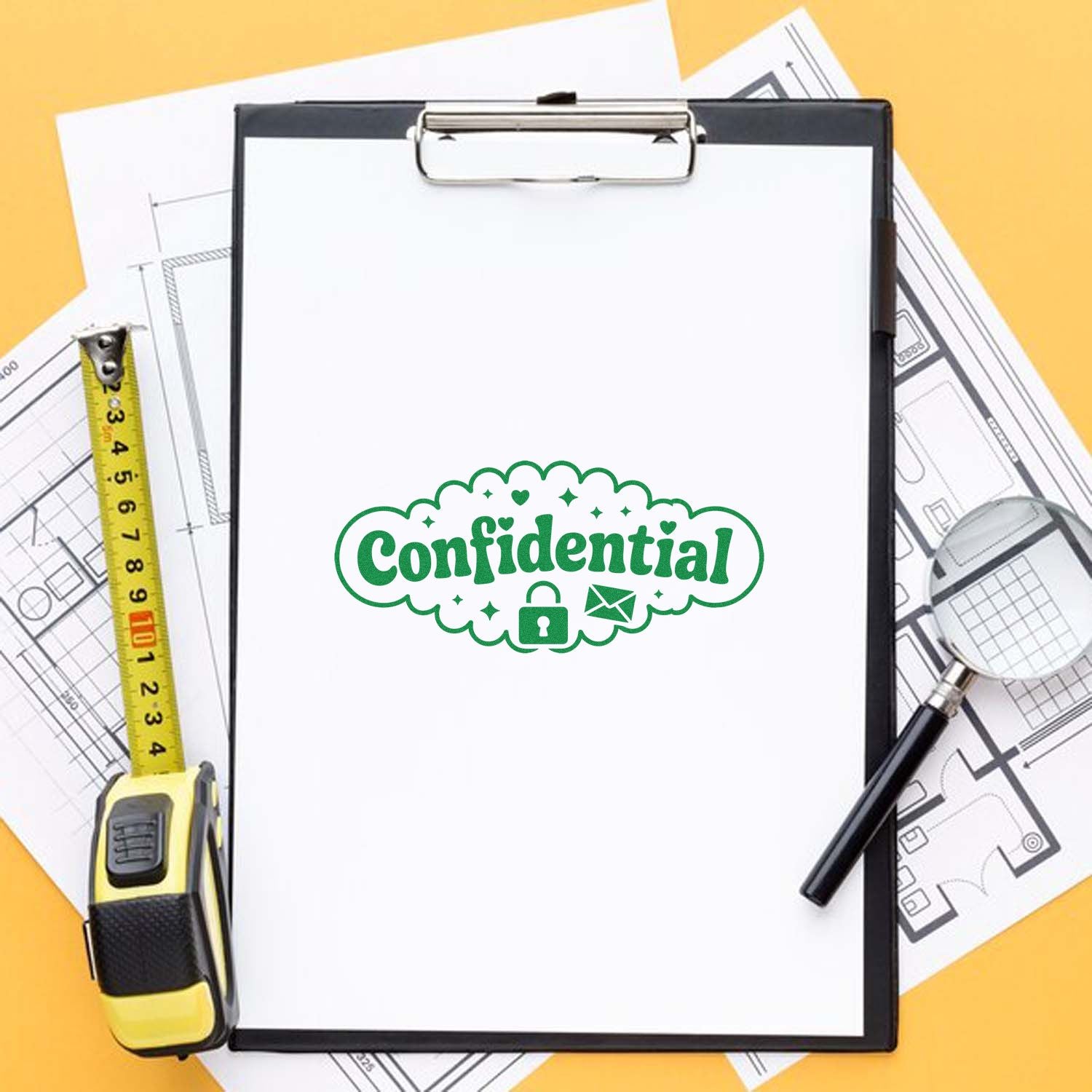 Green confidential stamp and seal on clipboard, with lock and envelope icons, over blueprints on a yellow background.