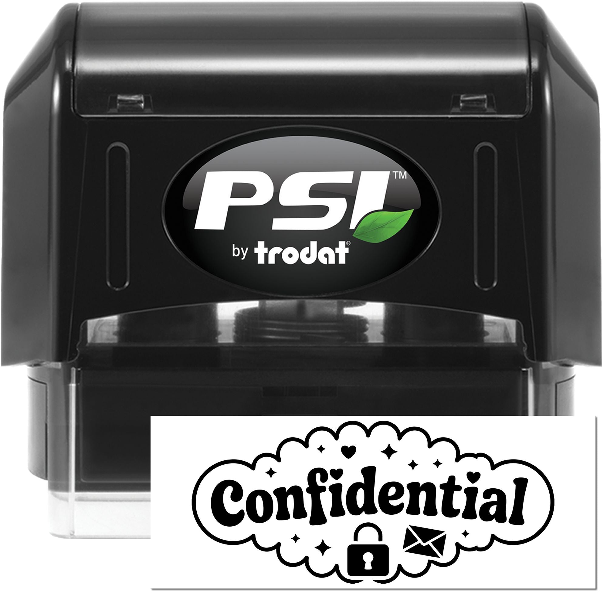 Black PSI by Trodat self-inking stamp and confidential seal set with white label and lock icon.