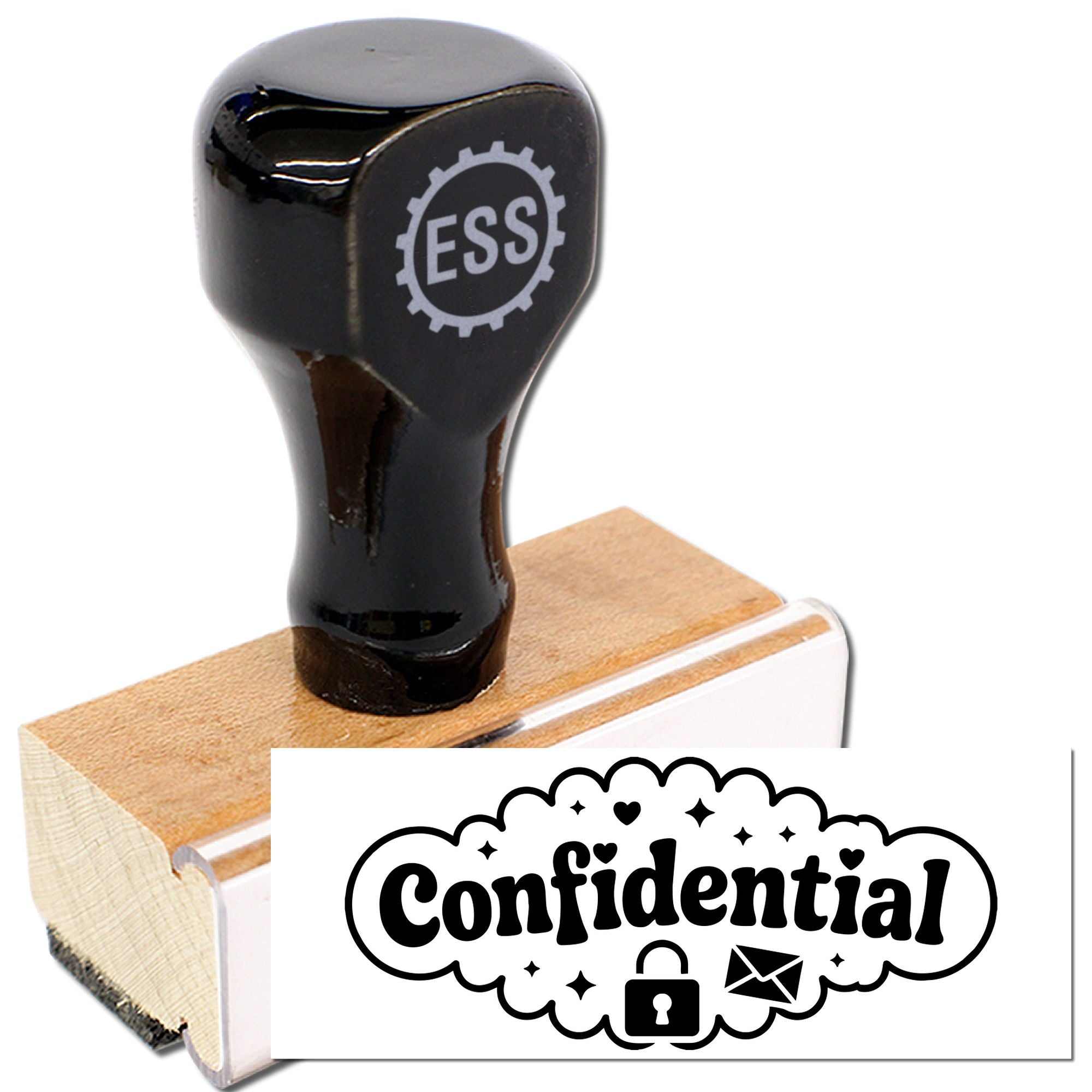 Black rubber stamp with ESS logo on wooden base, paired with a white Confidential seal featuring lock and envelope icons.