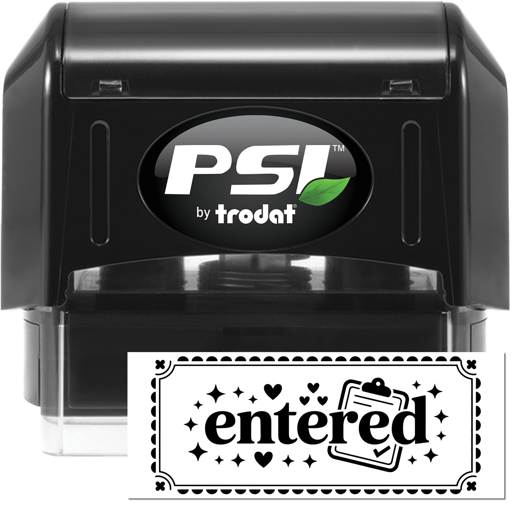 Black PSI by Trodat self-inking stamp with green leaf logo and decorative entered seal impression in black and white.