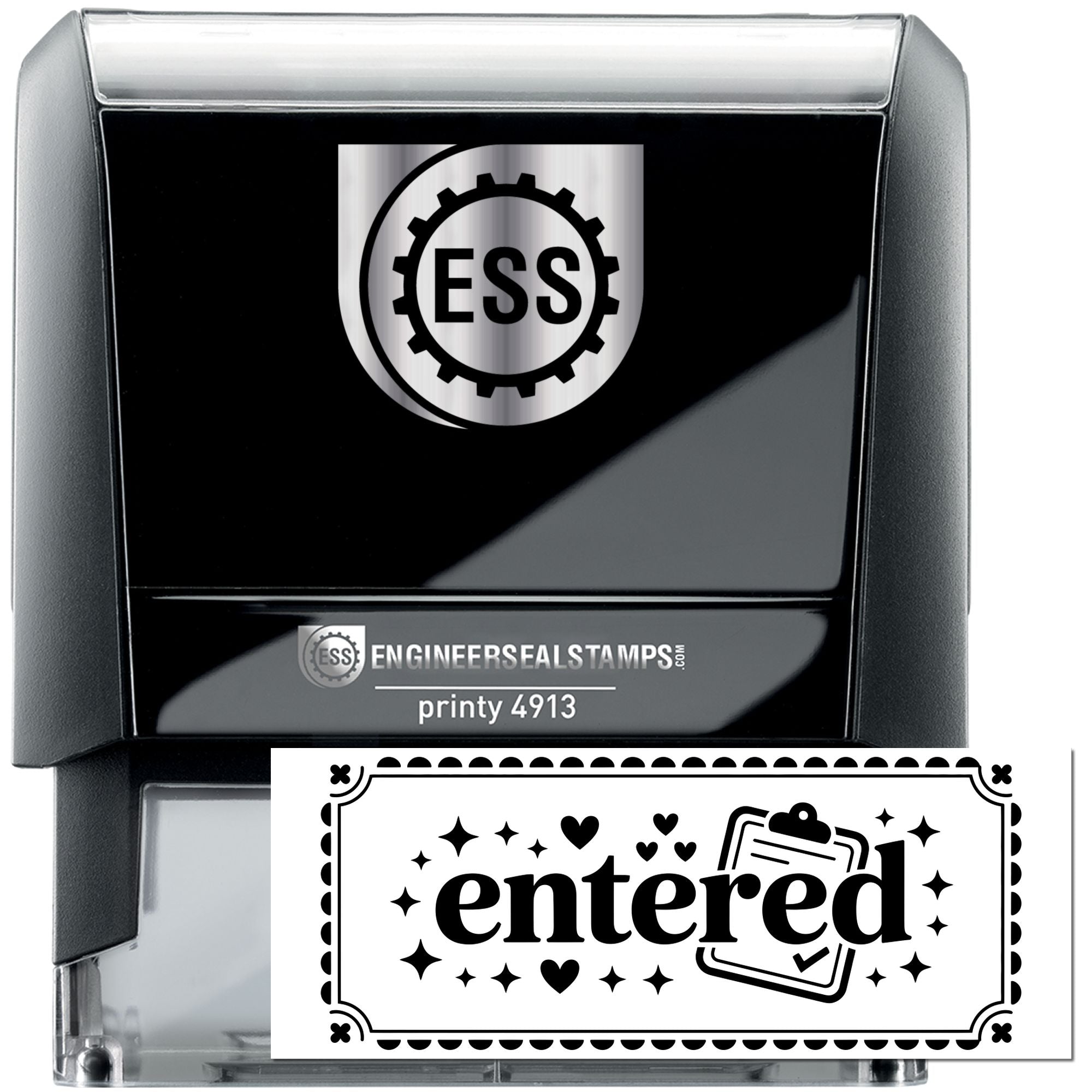 Black self-inking engineer seal stamp with silver top and decorative entered seal insert, black and gray finish