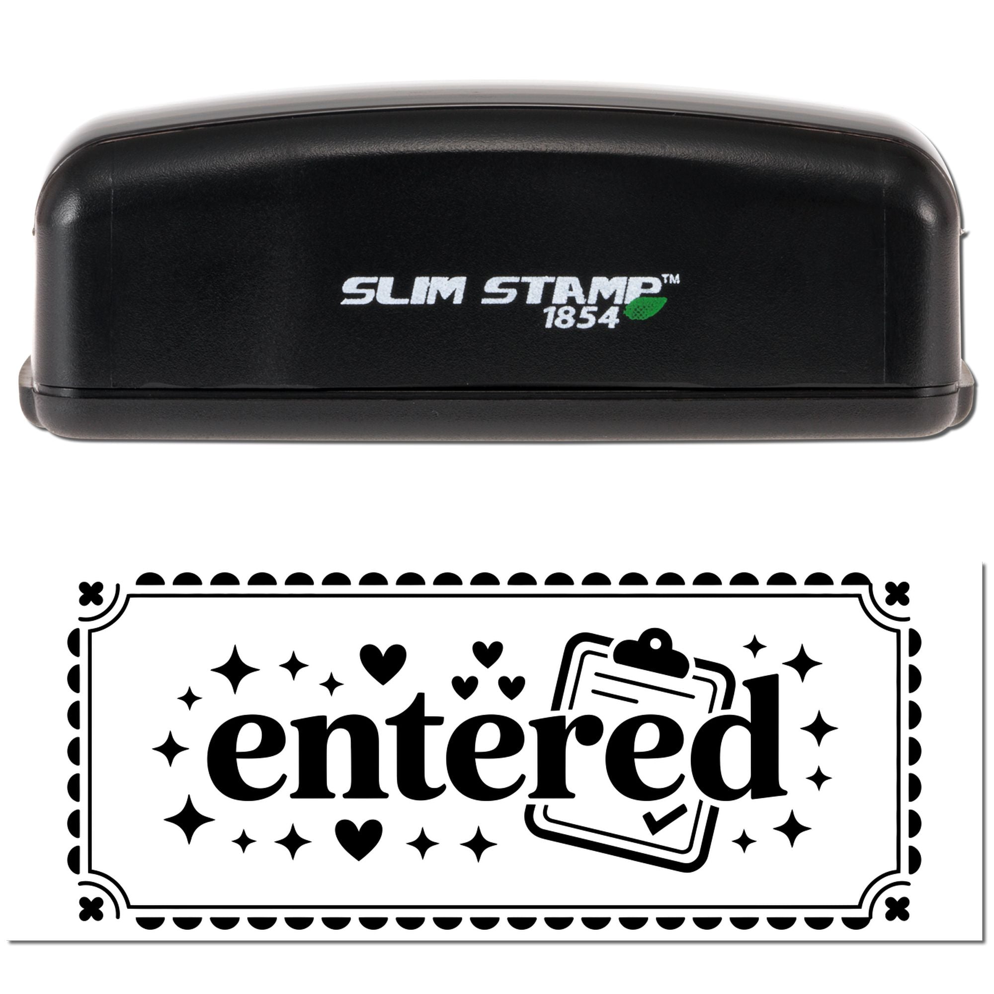 Black Slim Stamp 1854 self-inking stamp above decorative black entered seal design with hearts and sparkles on white.