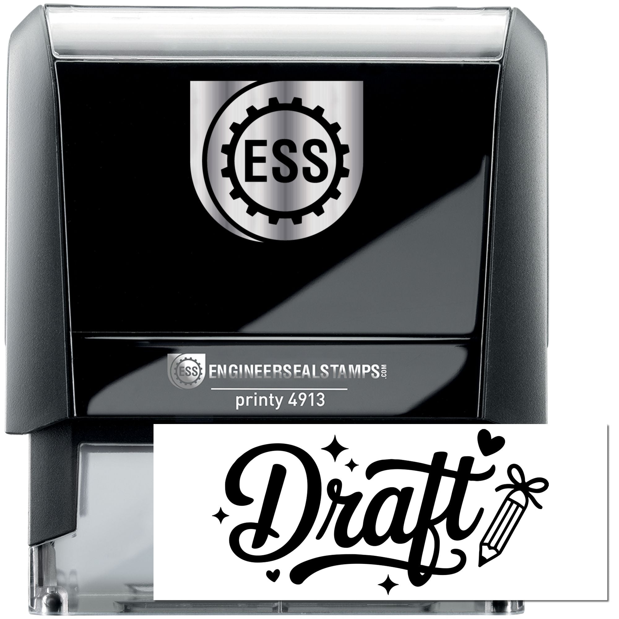 Black self-inking stamp and seal with silver ESS logo and Draft imprint