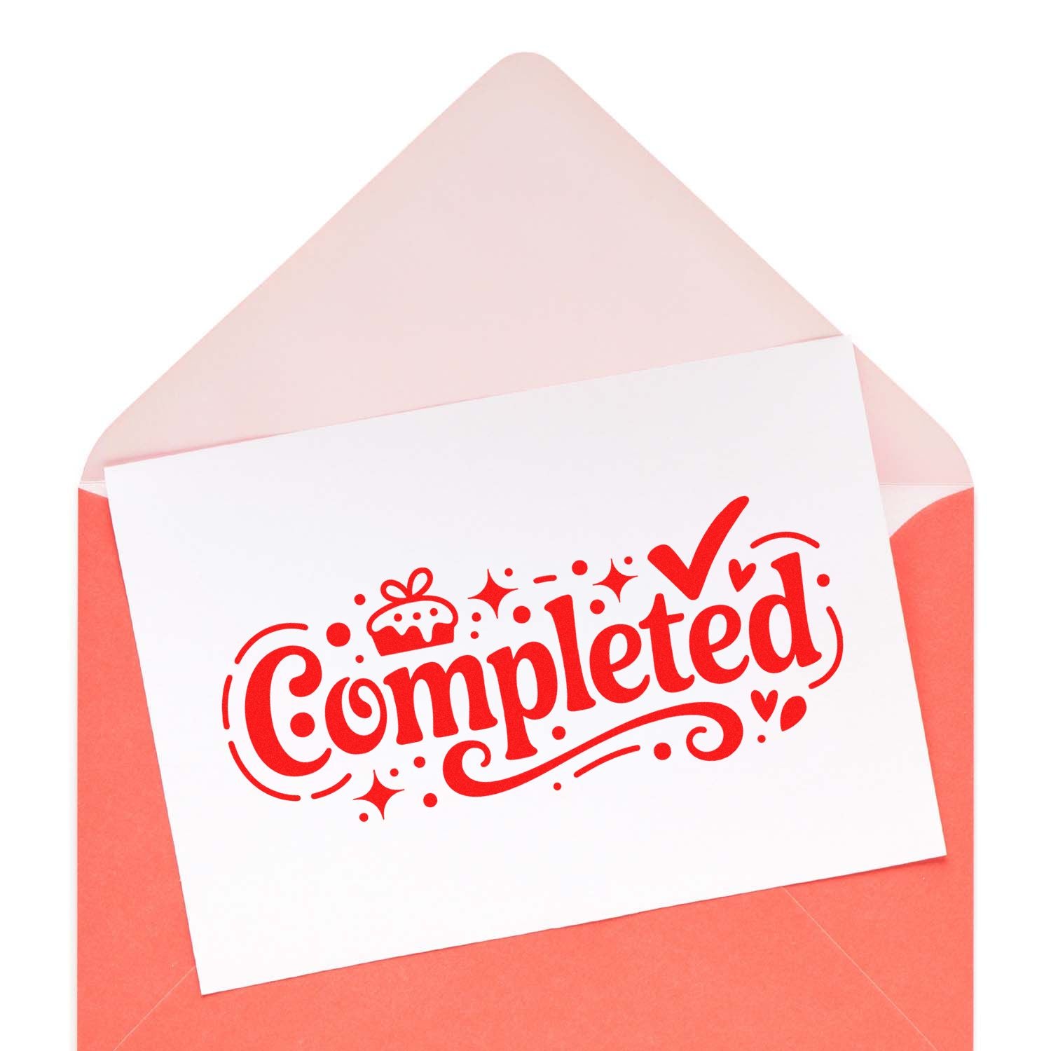Red Completed decorative stamp seal on a white card inside a pink envelope