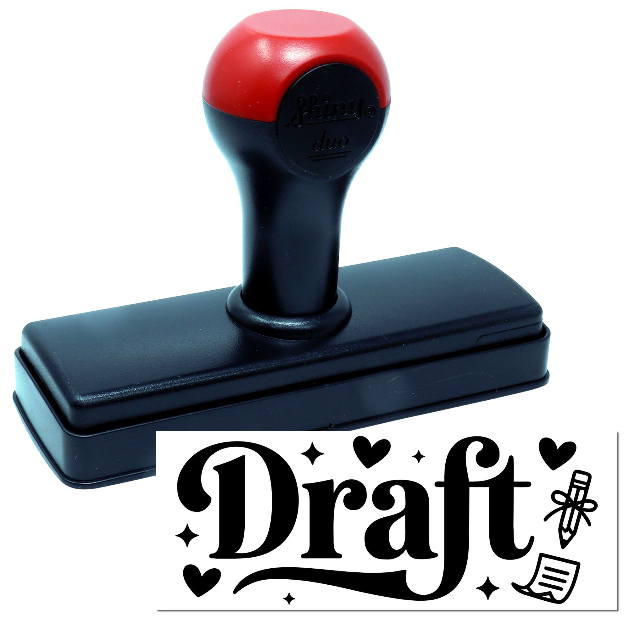 Red and black self-inking stamp with Draft seal design, hearts, and decorative pencil icon on white background